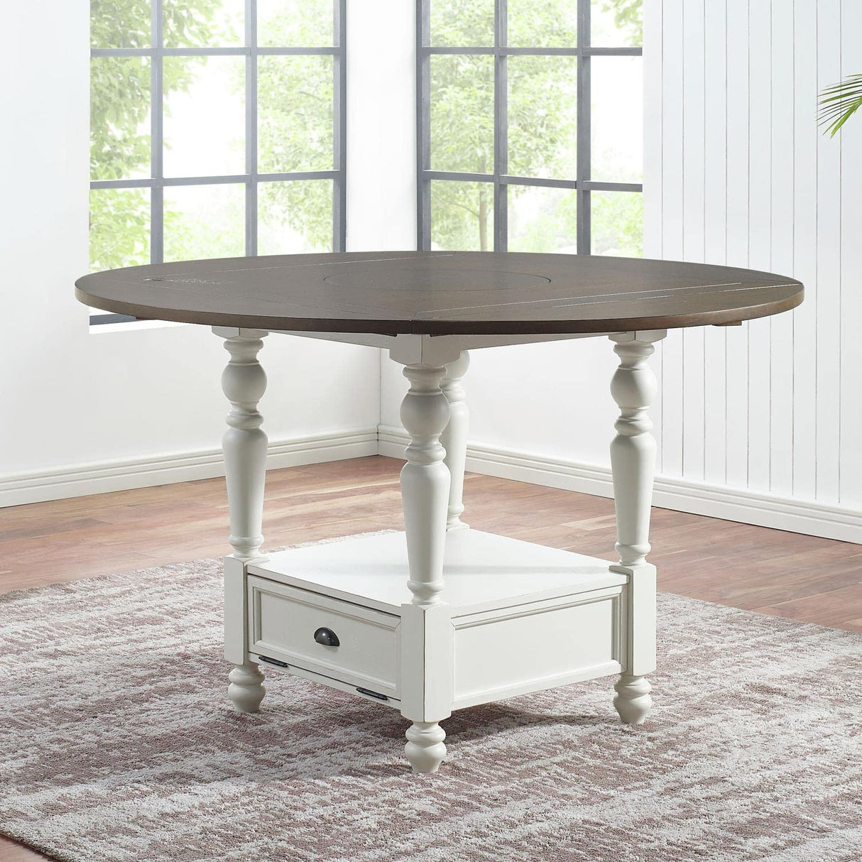 Steve Silver Furniture Joanna 9pc Round Counter Dining Set, Built-In Lazy, Drop Leaf Top, Susan, Farmhouse Design, 42" Round Table Top w/ 8 Counter Chairs, Dining Room, 42"L x 42"W x 36.25"H, White Steve Silver