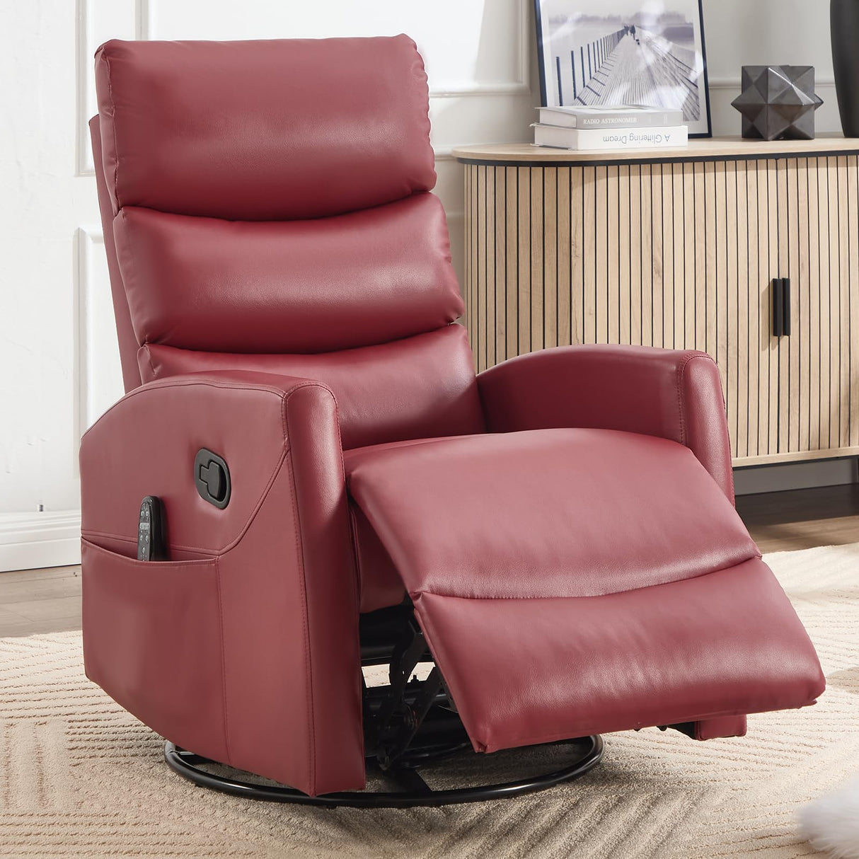 Trustyue Swivel Rocker Recliner Chair, 360° Swivel Recliner with Heat and Massage, Rocker Recliner Easy to Clean Leathery Nursery Glider Recliner Chair with Side Pockets for Living Room Red Trustyue