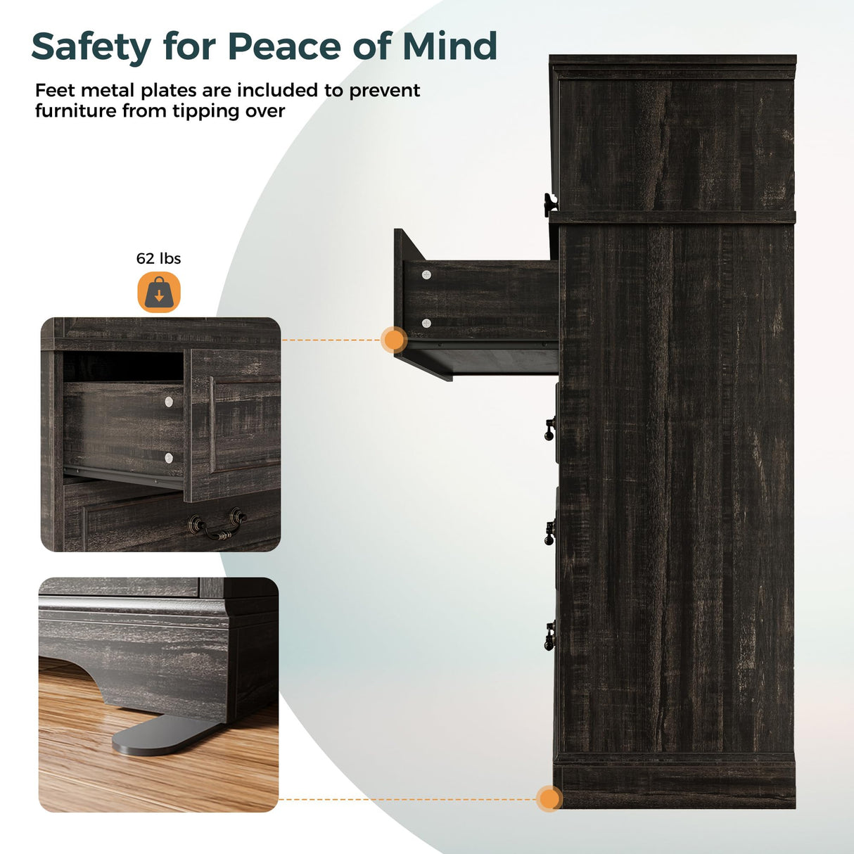 IRONCK 5 Drawer Dresser for Bedroom, Farmhouse Chest of Drawers with Charging Station, Vintage Drawer with Natural Texture, 47.8" Tall Dresser for Living Room, Hallway, Charcoal IRONCK