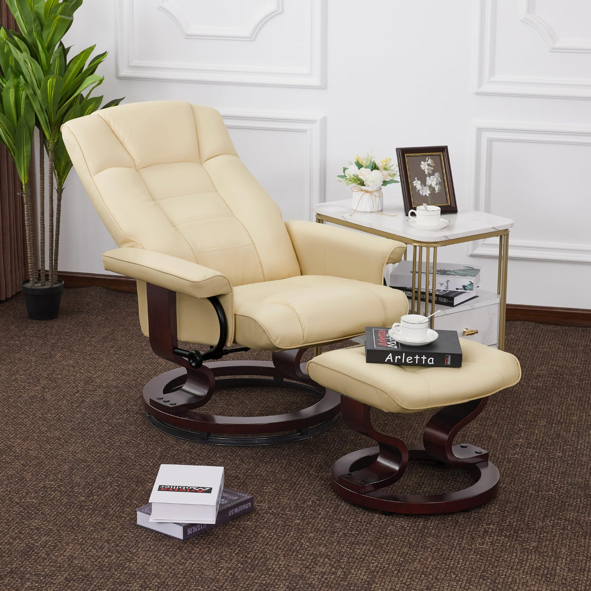 MCombo Manual Swivel Recliner with Ottoman, Chair Ottoman Set for RV Small Spaces, Living Room, Bedroom, Office 9019 4919 (Faux Leather, Cream White) MCombo