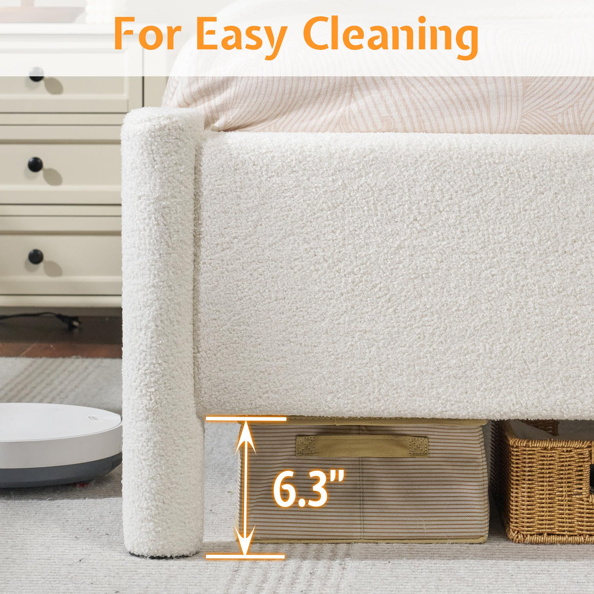 Jocisland King Size Bed Frame, Boucle Upholstered Bed Frame with Charging Station, Platform Bed with Soft Rounded Corners, Easy Assembly, No Box Spring Required, White Jocisland