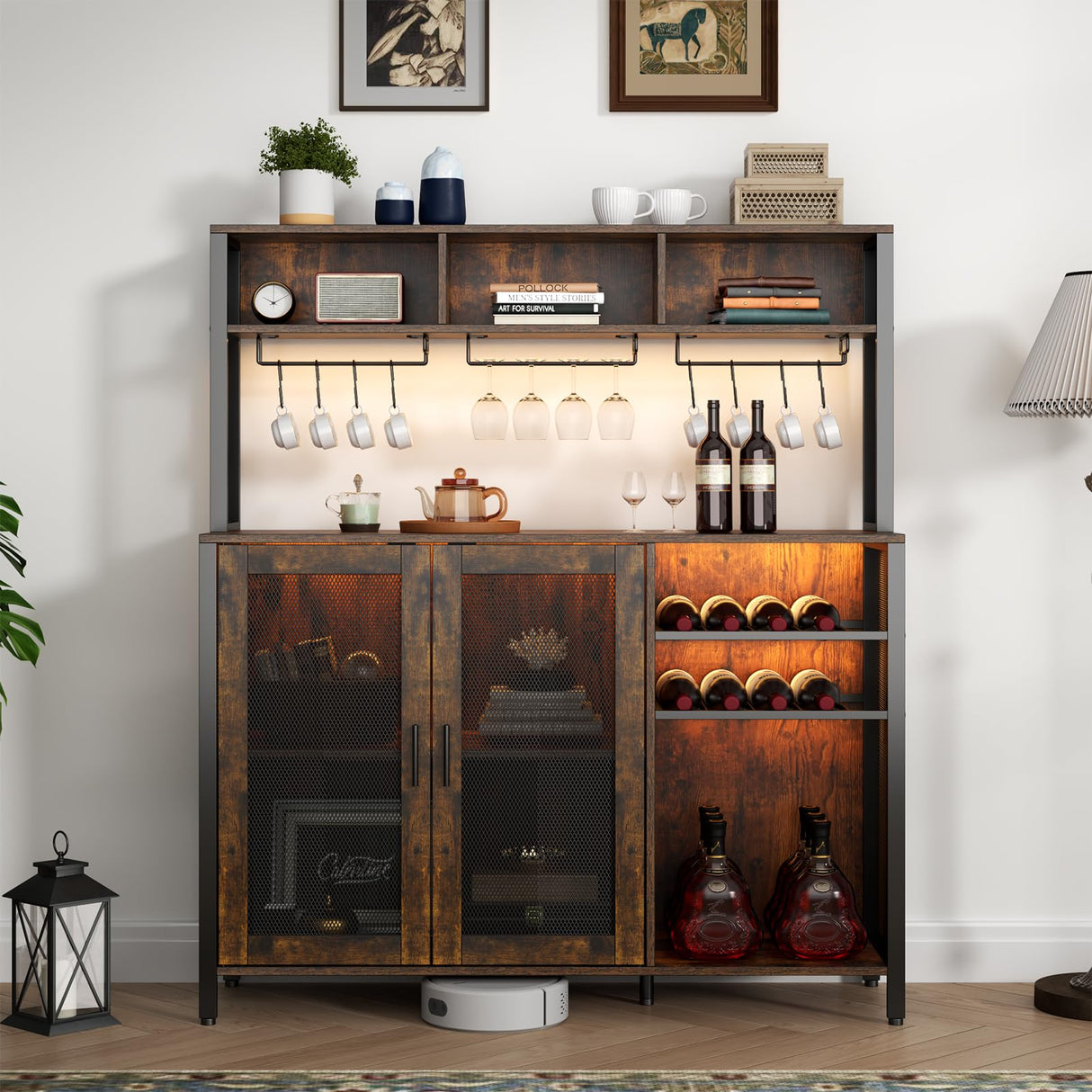 Loomie Wine Bar Cabinet with LED Light, Industrial Coffee Bar with Wine Rack & Glass Holder & 3 Compartments, Kitchen Buffet Sideboard with Storage, Liquor Cabinet, Rustic Brown Loomie