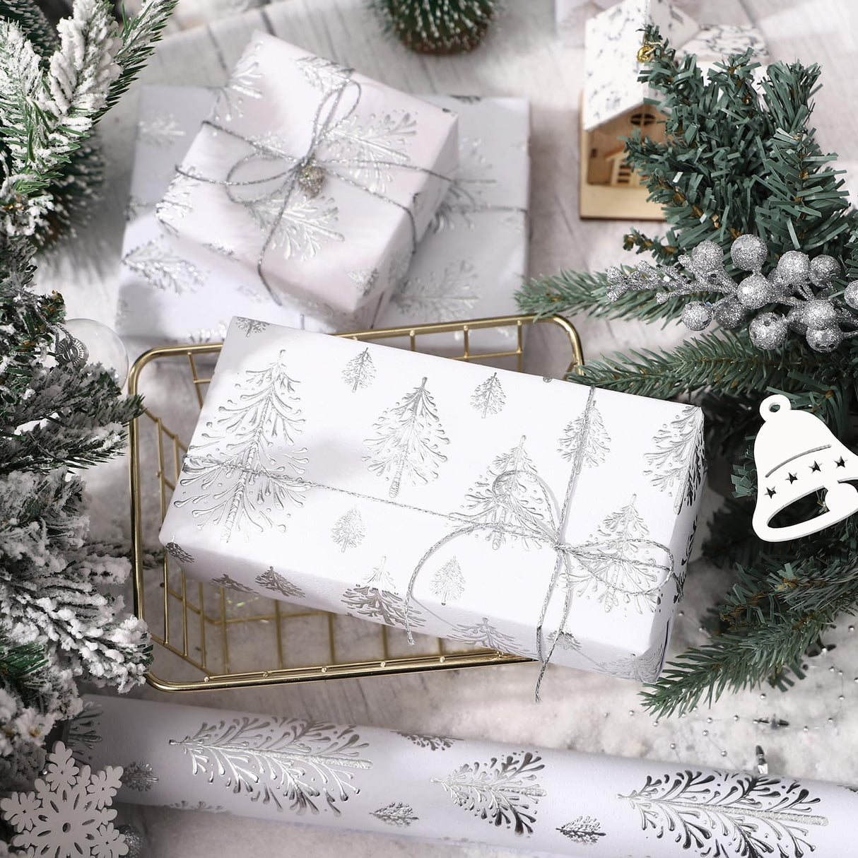 WRAPAHOLIC 3D Kraft Christmas Wrapping Paper Roll - Mini Roll - 17 Inch x 16.5 Feet - Silver and White Christmas Tree Wrapping Paper with Embossed Perfect for Holiday, Party Celebration WRAPAHOLIC