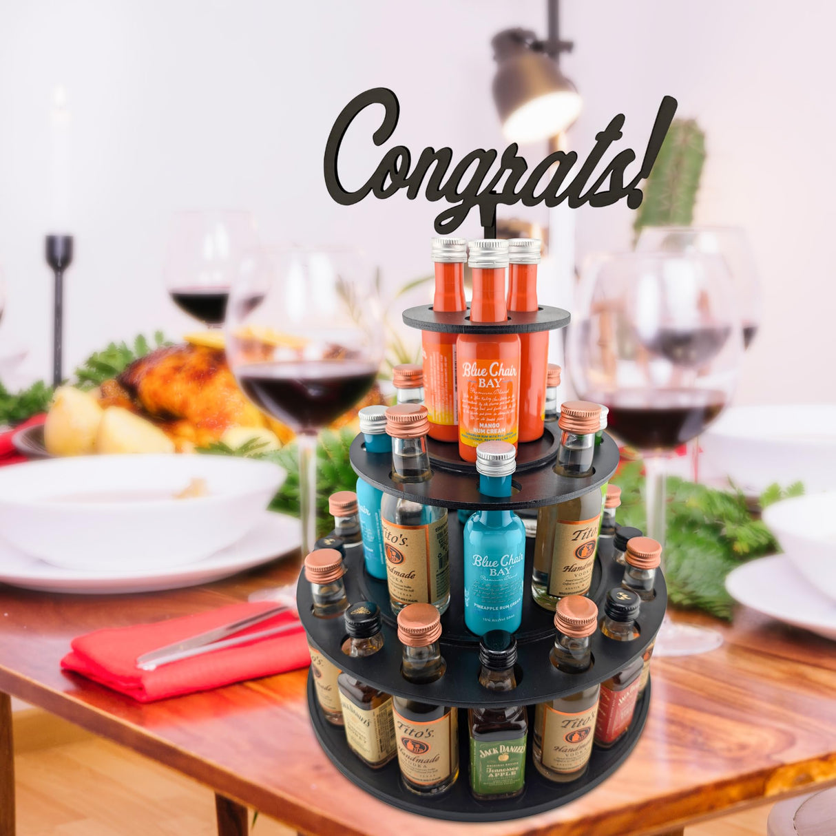 Shot Cake Party Display for Mini Liquor Bottles | 21st Birthday Holiday Celebration Decoration Centerpiece (Three Tier, Black) Shot Cake