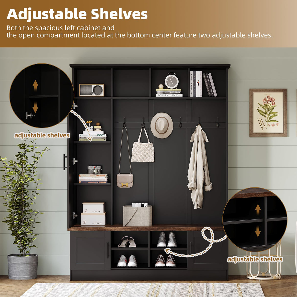 SIYSNKSI Versatile 3-in-1 Hall Tree with 6 Hooks, Farmhouse Walnut Storage Bench with Adjustable Shelves, 55" W Entryway Coat Rack with Multiple Storage Space for Mudroom, Living Room (Black-7) SIYSNKSI