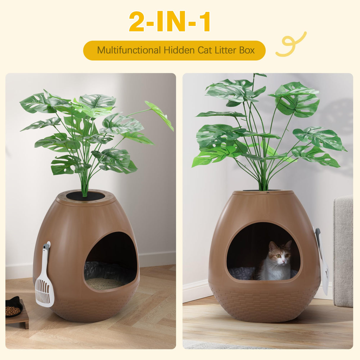 Eggloa6 Cat Litter Box Plant Enclosure β Secret Hidden Litter Box with Odor Removal Technology, Artificial Plants, and Scoop, Perfect for Housebreaking Cats and Small Pets (Brown) COZIWOW