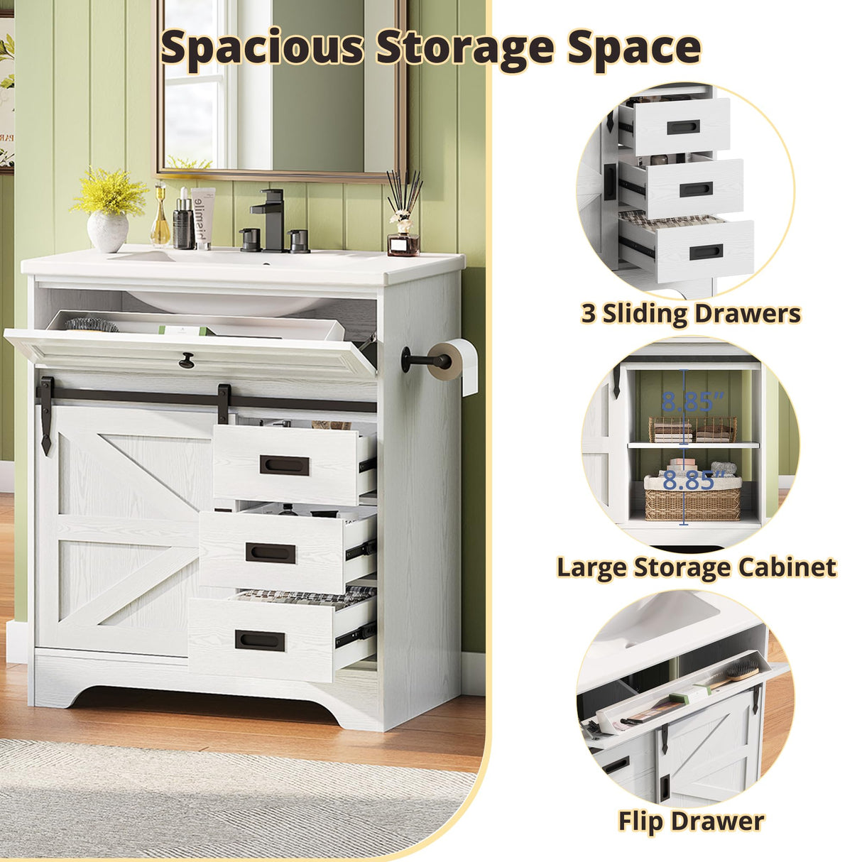 IRONCK 30" Bathroom Vanity with Sink, Farmhouse Bathroom Sink Cabinet with Flip Drawer & Sliding Barn Door, Freestanding Bathroom Vanities with Metal Handles, Paper Towel Holder,White IRONCK