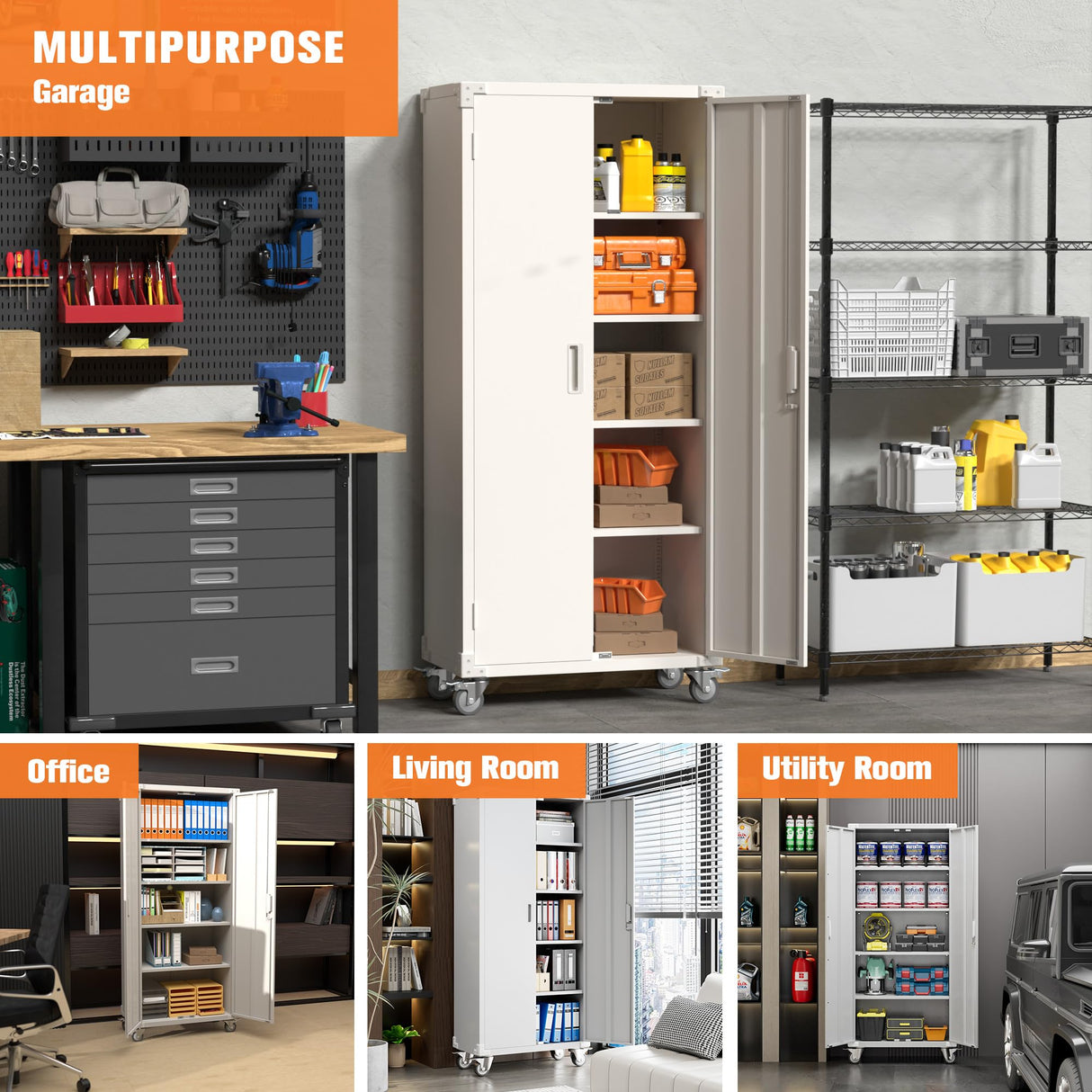 Aobabo 72" H Lockable Storage Cabinet with 4 Shelves, Office Furniture Metal Storage Organizer with Wheels for Home Office, Assembly Required, White Aobabo