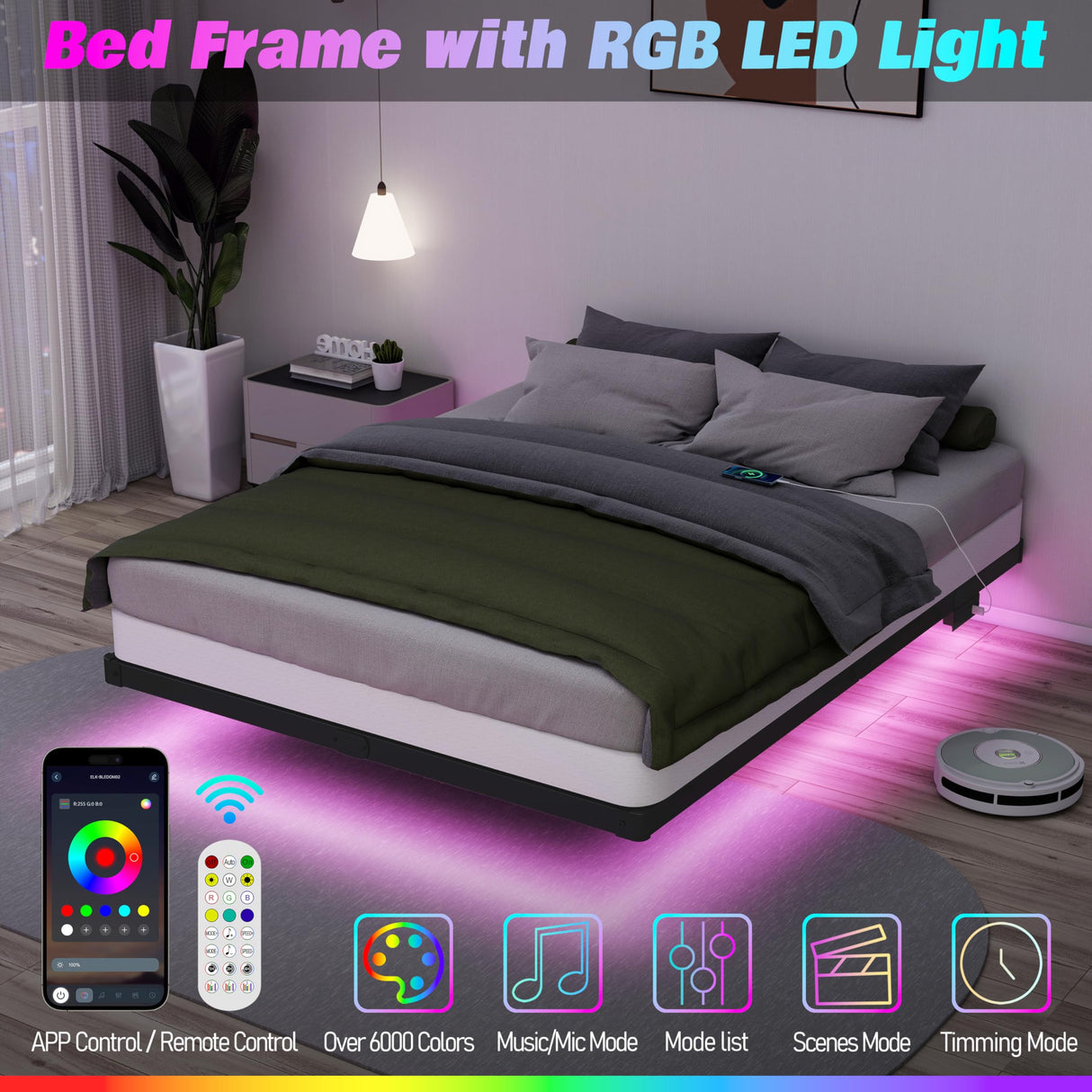 HusDream Floating Bed Frame Queen with Smart LED Lights and Charging Station 8 Inch Metal Platform Bed Frames Queen Size,Stable Structure,Under Bed Storage Space,No Box Spring Needed (8 Inch, Queen) HusDream