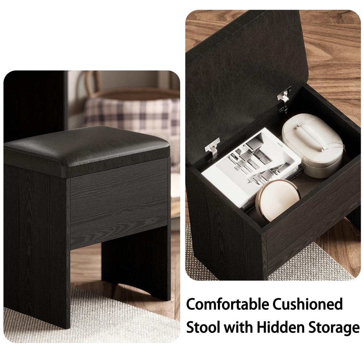 IRONCK Vanity Desk with LED Lighted Mirror & Power Outlet, Makeup Table with Drawers & Cabinet,Storage Stool,for Bedroom, Black IRONCK