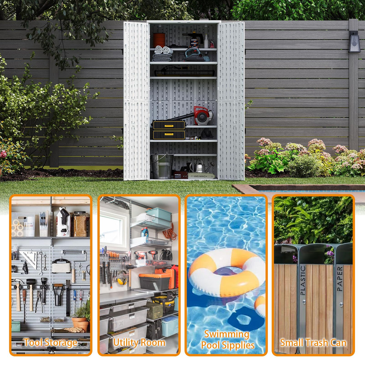 Outdoor Storage Cabinet with 4 Shelves,31.5" x 23.23" x 66.22" White Waterproof Shed,Waterproof Resin Vertical Tool Shed, Lockable 30 cu.ft. Storage Shed for Patio, Garden, Yard, White ZYJOYY