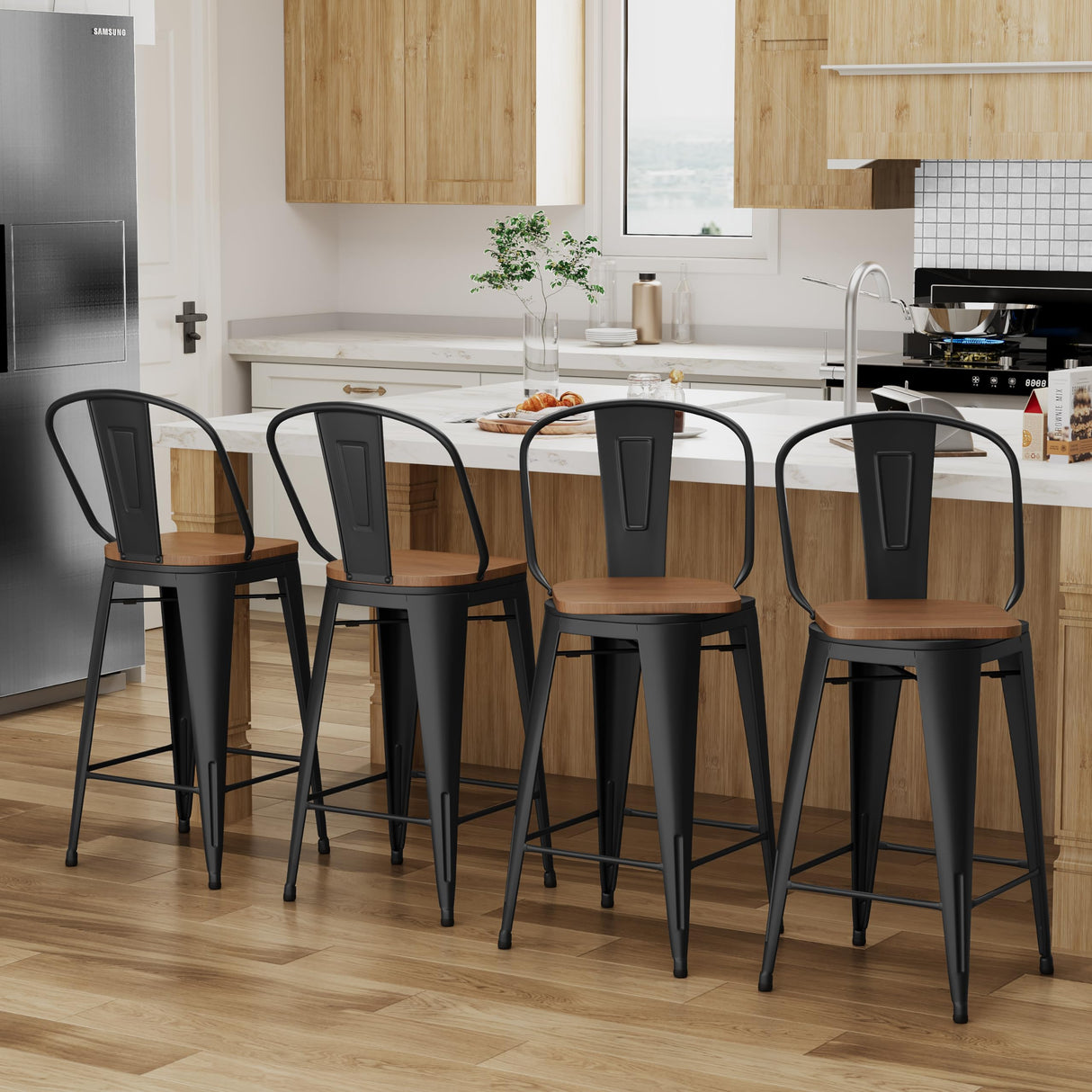 Alunaune 26" Swivel Metal Bar Stools Set of 4 High Back Counter Height Barstools Industrial Dining Bar Chairs with Large Wooden Seat-Matte Black Alunaune