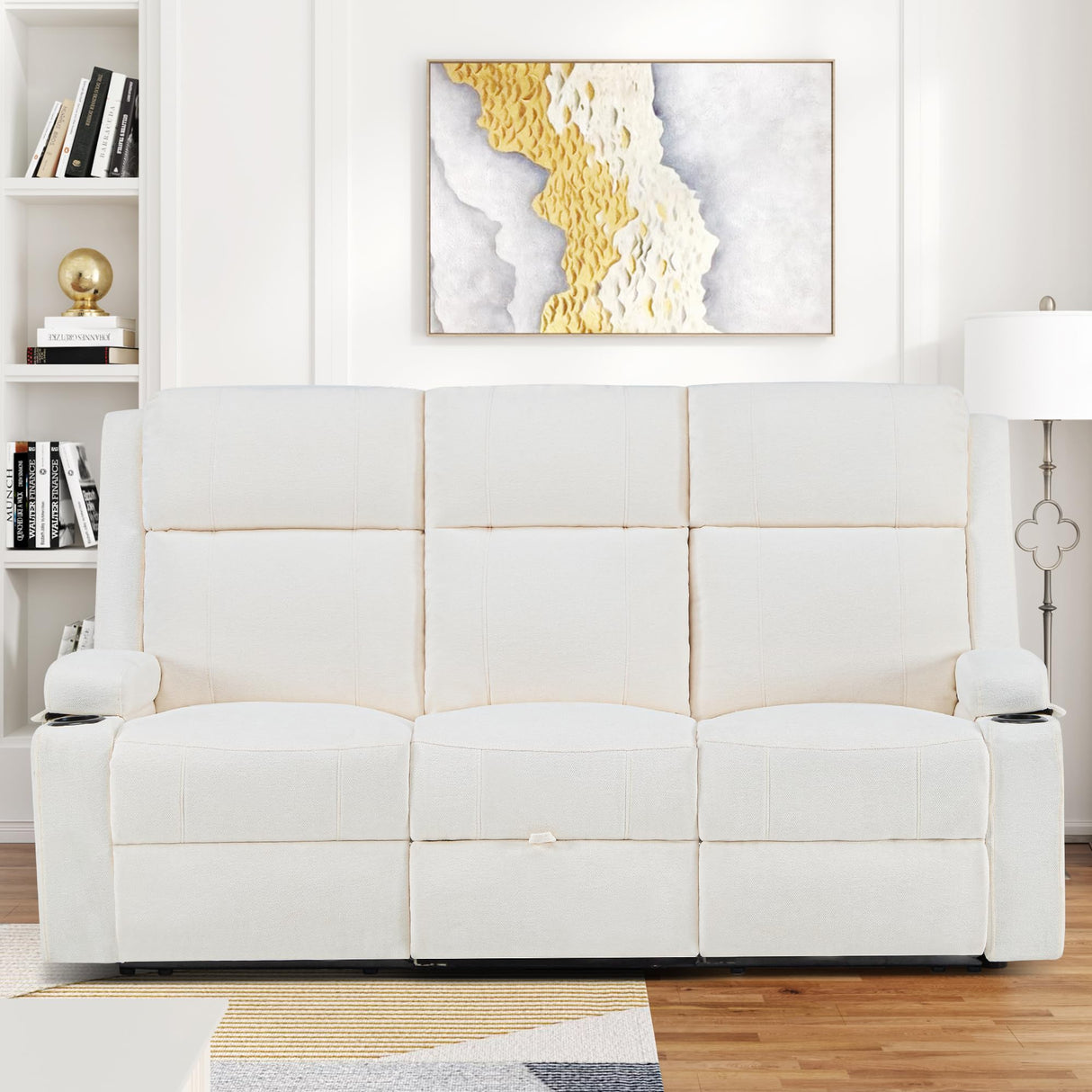 75'' Manual Reclining Sofa with Storage Drawer, 3 Seat Wall Hugger Recliner Couch with Cup Holders, Side Pockets, Chenille Fabric, Compact 3-Person Recliner for RV, Living Room, Apartment (Beige) LURVIA