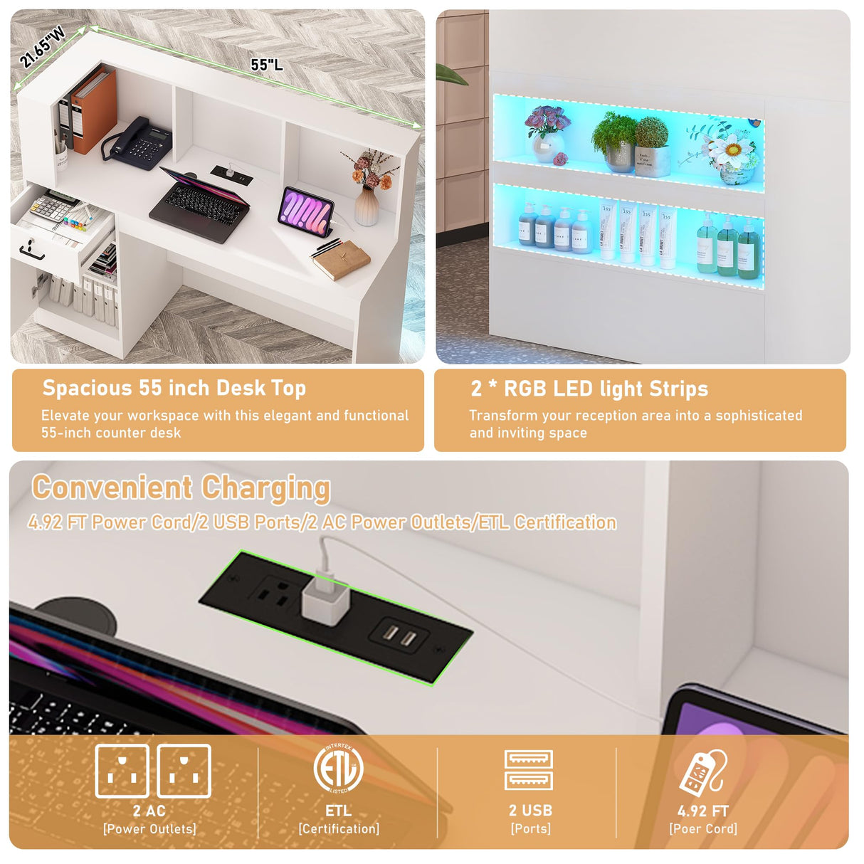 55" Reception Desk with LED Lights Power Outlets,L-Shaped Modern Front Desk Reception Room Table with Cable Grommet,Lockable Drawers,Retail Checkout Counter for Lobby,Salon,Home Office Desk,White Hlivelood