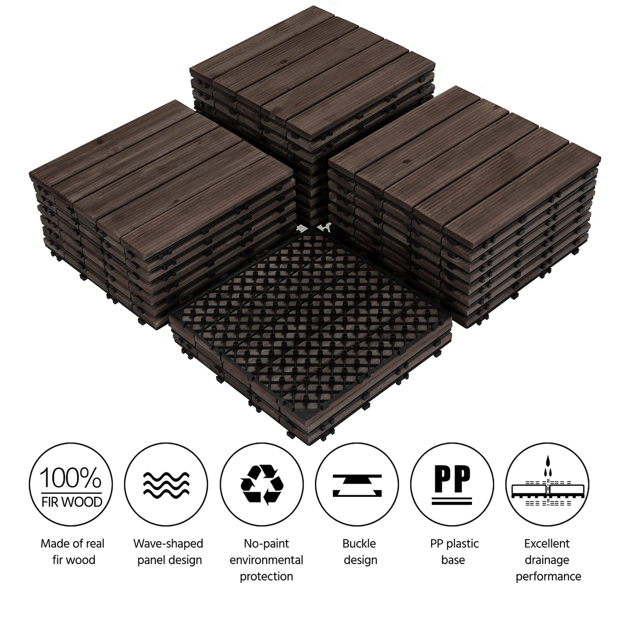Topeakmart 27PCS Wood Flooring Tiles Interlocking Patio Deck Tiles Blocks Indoor Outdoor Solid Wood 12 x 12in Dark Brown Topeakmart