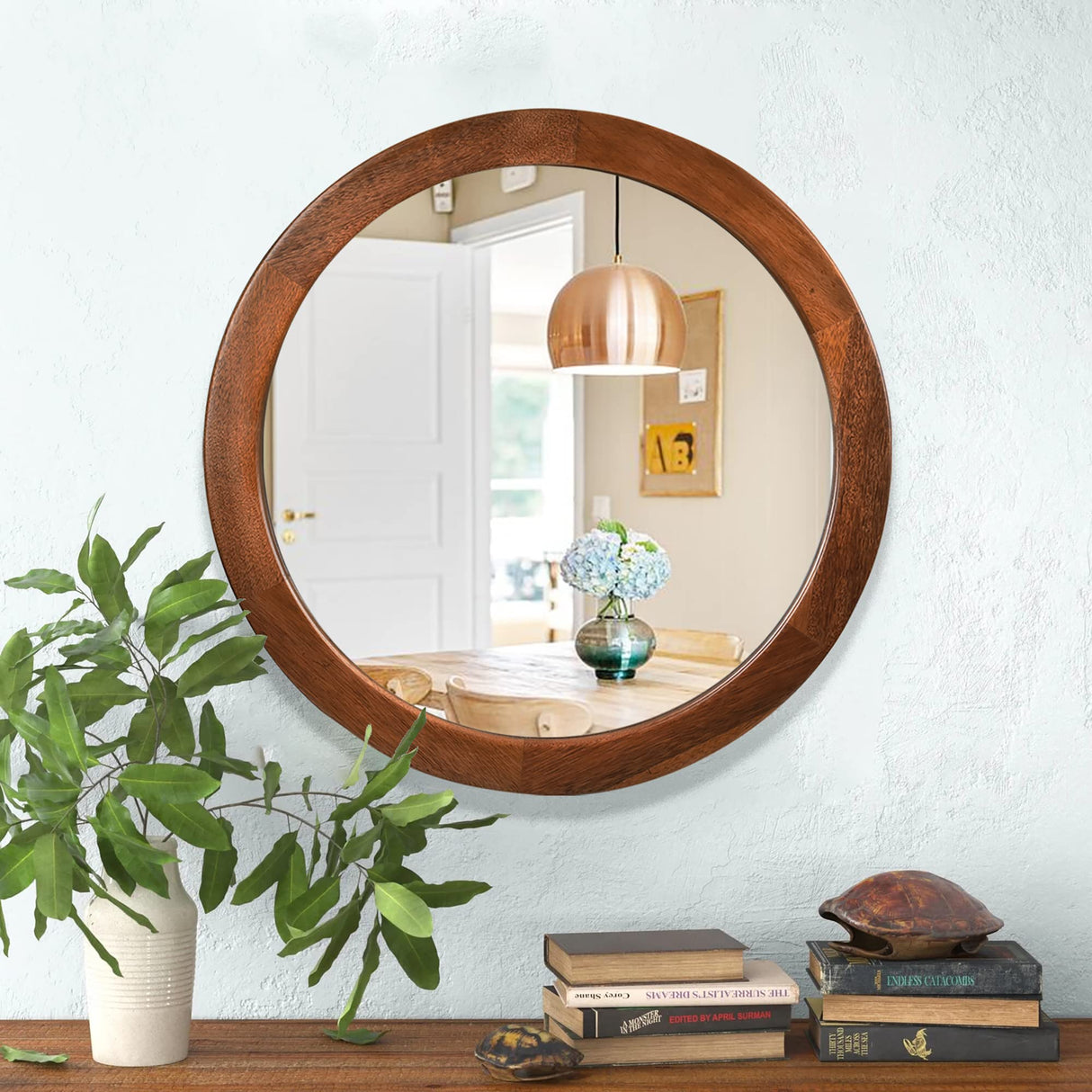 CULER Round Mirrors 30 Inch,Wood Vanity Wall Rustic Mirror with Walnut Frame, Wooden Mirror for Bathroom Bedroom Living Room Or Entryway(Walnut Brown) CULER
