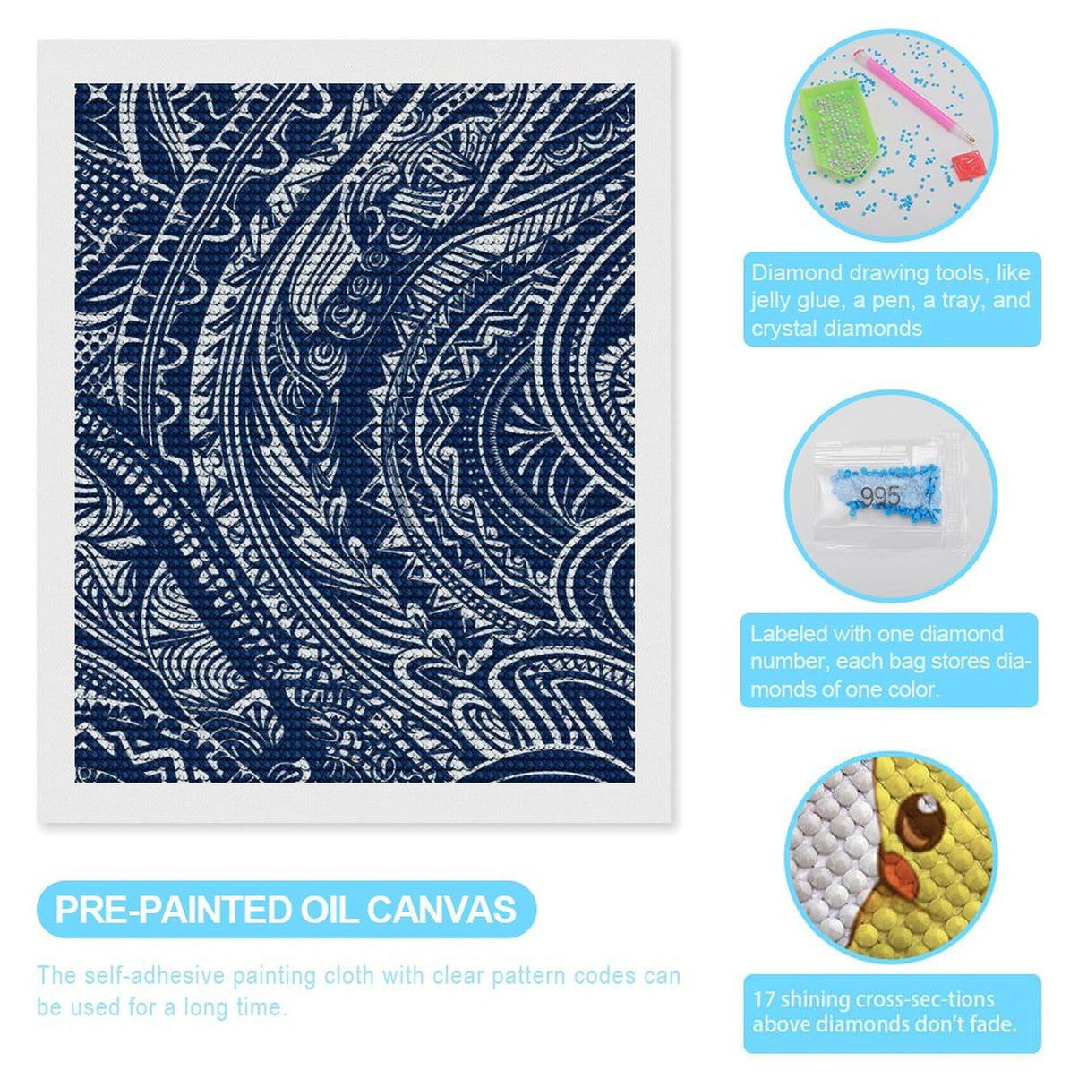 YKLBV Diamond Art Kits for Adults Diamond Painting Kits for Adults DIY Paint with Round Full Drill Diamonds Paintings Blue Polynesian Maori Tribal Pattern Gem Art for Home Wall Decor Gift YKLBV