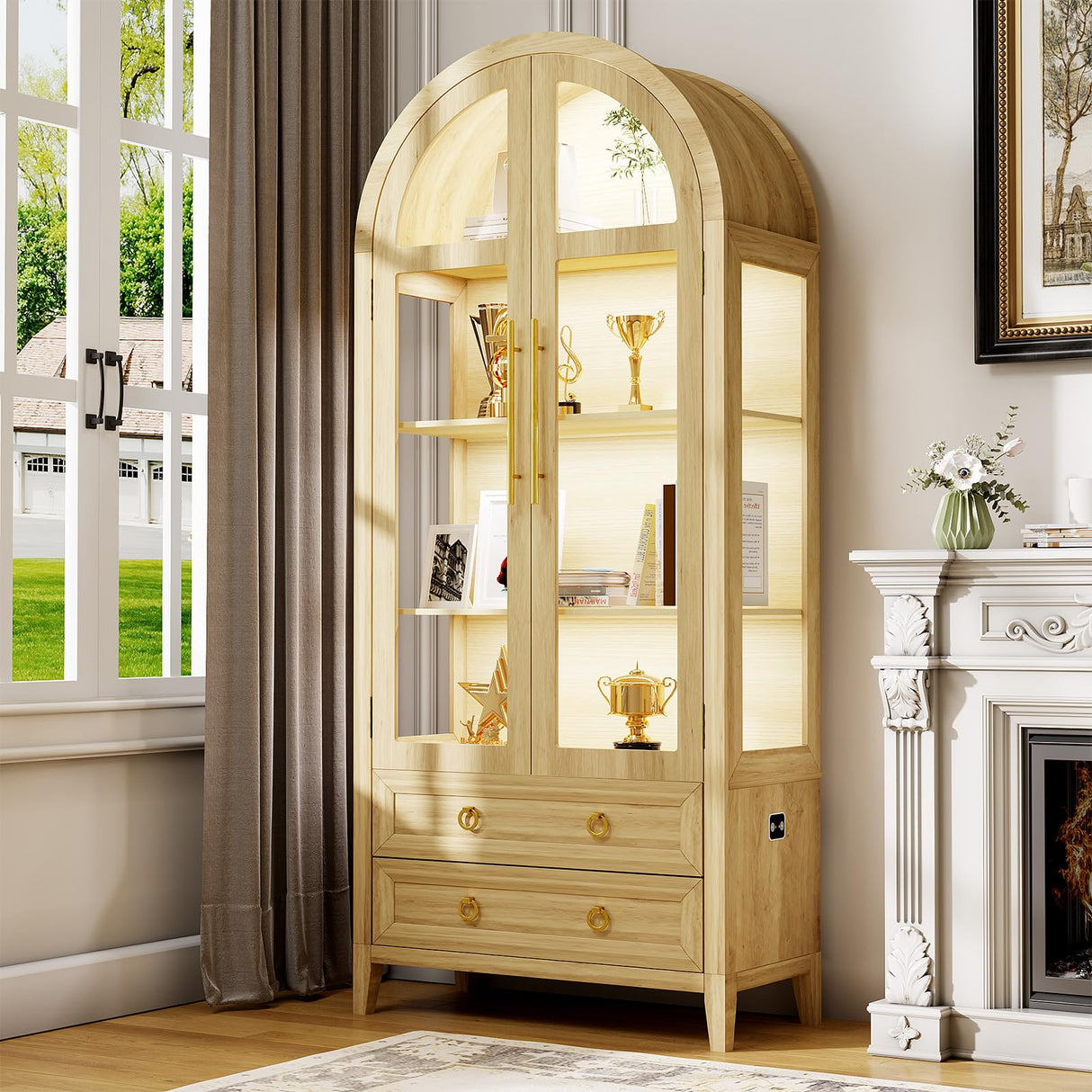 LVSOMT 71" Tall Arched Storage Cabinet with Glass Doors and Drawers, Curio Display Cabinet with Adjustable LED Light & Human Sensor, 4-Tier China Cabinet for Living Room(Wood) LVSOMT