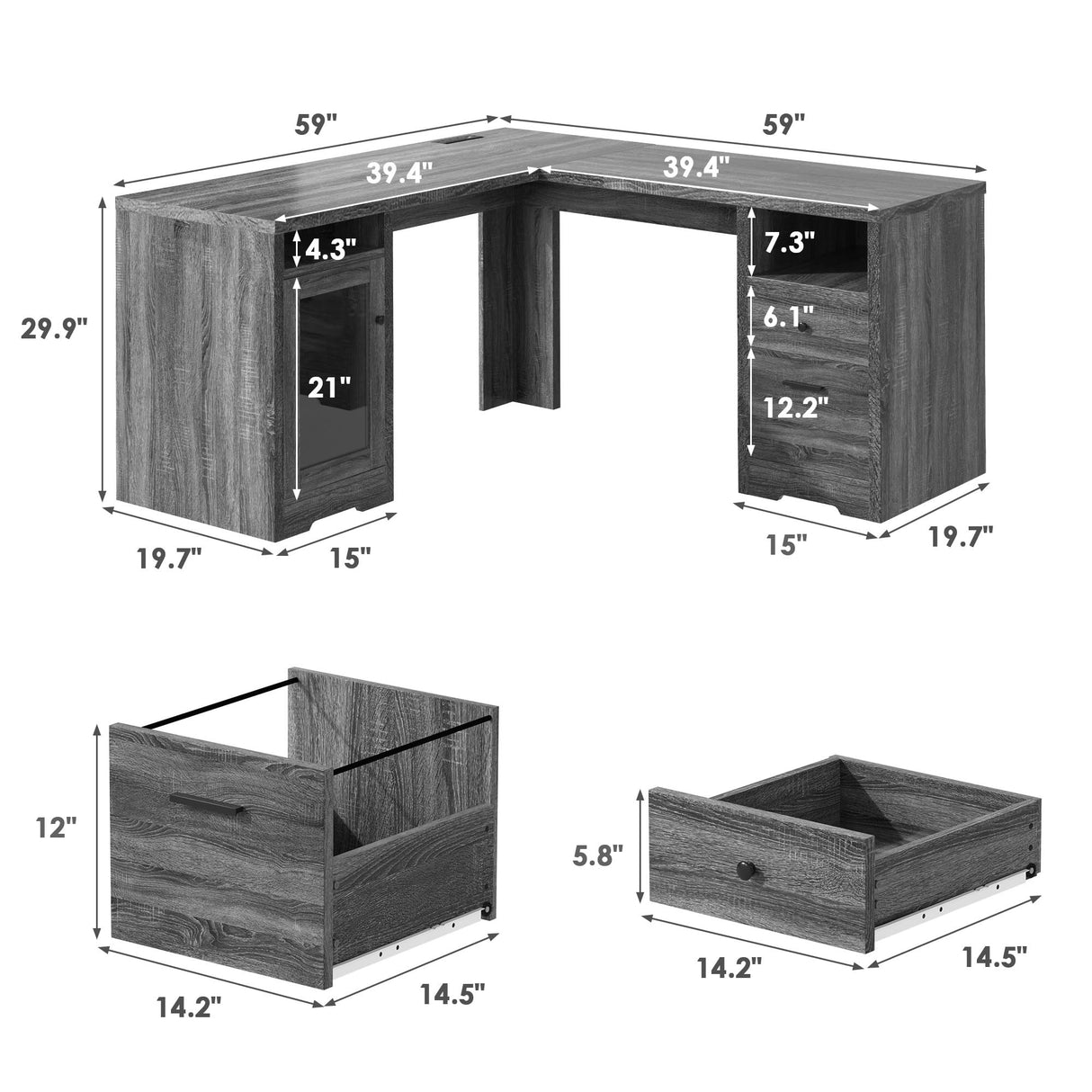 MU L Shaped Desk with File Drawer, 60 Inch Corner Desk with Storage Drawers & Cabinet, Large Home Office Desk with Power Outlets, Wood Executive Office Desk, Grey MU