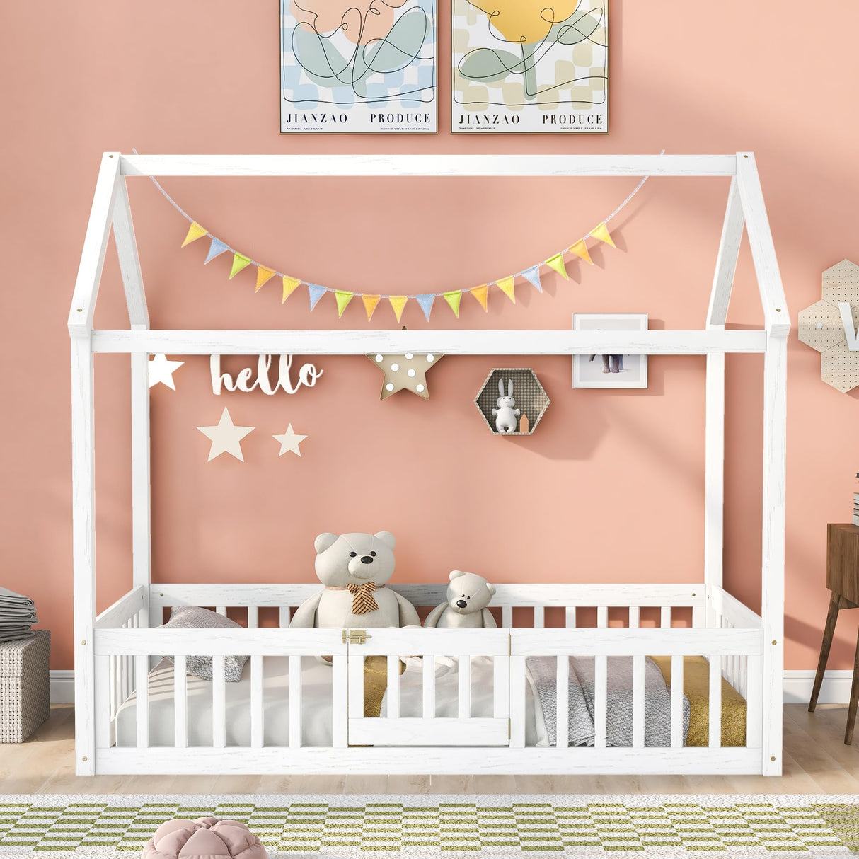 Harper & Bright Designs Twin House Bed with Fence and Door for Kids - White Wash Montessori Floor Bed Harper & Bright Designs