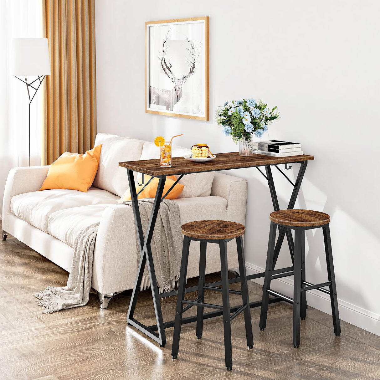 HOOBRO 39.4 Inch Bar Table, Counter Height Rectangular Bar Table, Pub Dining Table, Metal Frame with Footrest and 2 Hooks, for Narrow Space, Bistro and Living Room, Rustic Brown and Black BF67BT01 HOOBRO