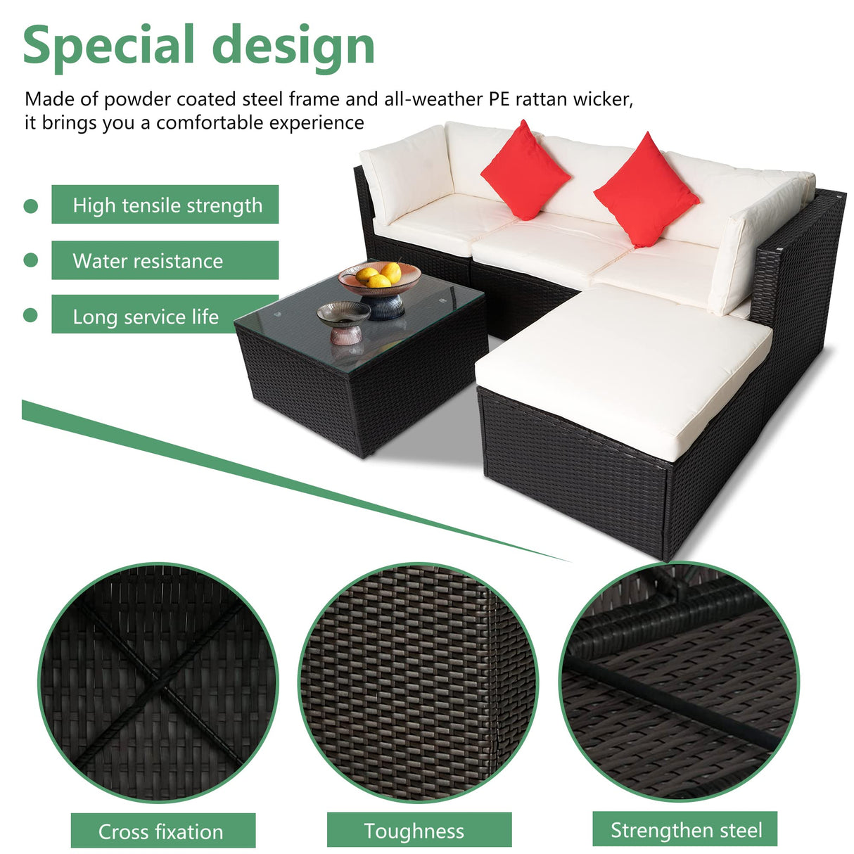 5 Pieces Patio Furniture Outdoor Wicker Sectional Patio Rattan Chair Conversation Backyard Lawn Porch Poolside Balcony Garden Sofa Set with Glass Coffee Table, Brown PayLessHere