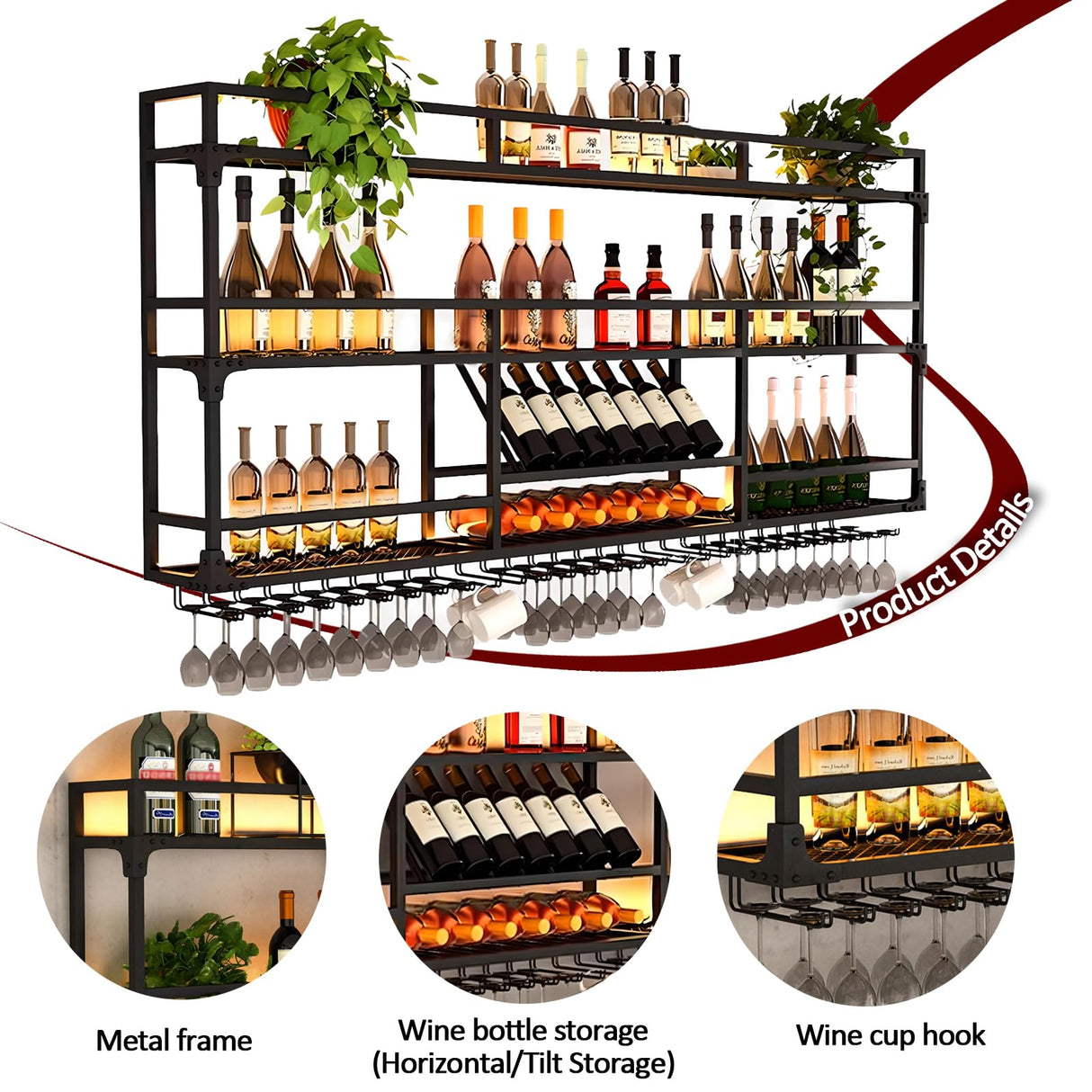 Wall Mounted Wine Rack, Floating Industrial Liquor Glass Holder 3 Tiers, Large Metal Wine Bottle Display Rack Hanging Shelf, for Home Bar Dining Room Decorative (Black-B, 47.42x35.43x9.84in) RAJYQODIS