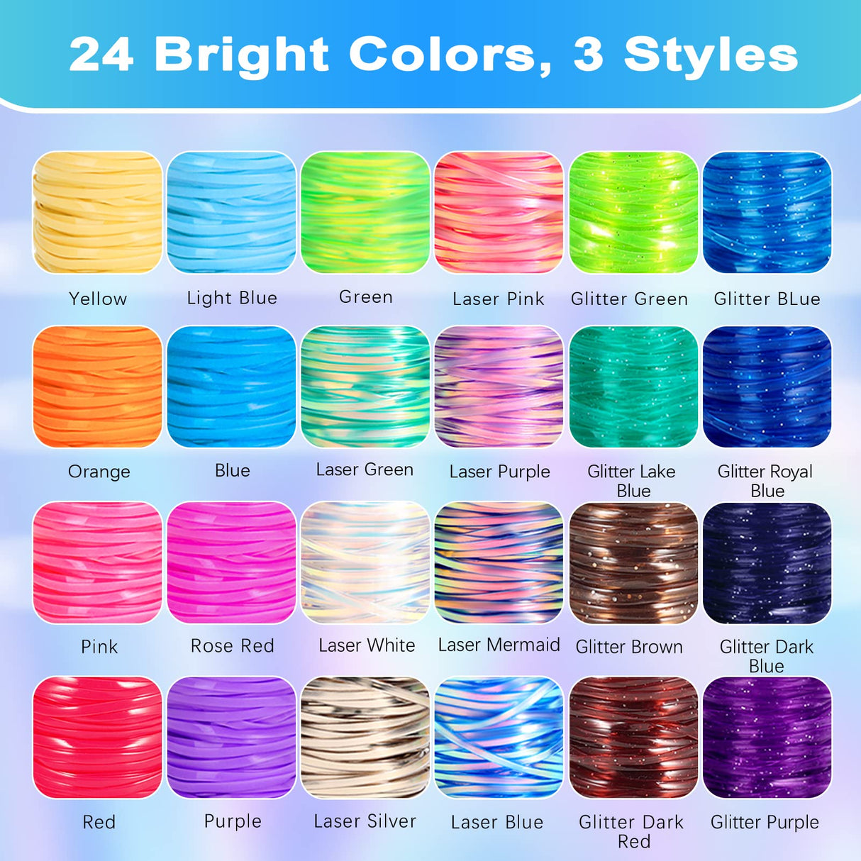 Karsspor Glitter/Laser/Normal Lanyard String for Crafts, 24 Rolls Gimp String, Plastic Lacing String Kit for DIY Bracelets, Key Chains, Pony Beads and Lanyards (788 Feet) Karsspor