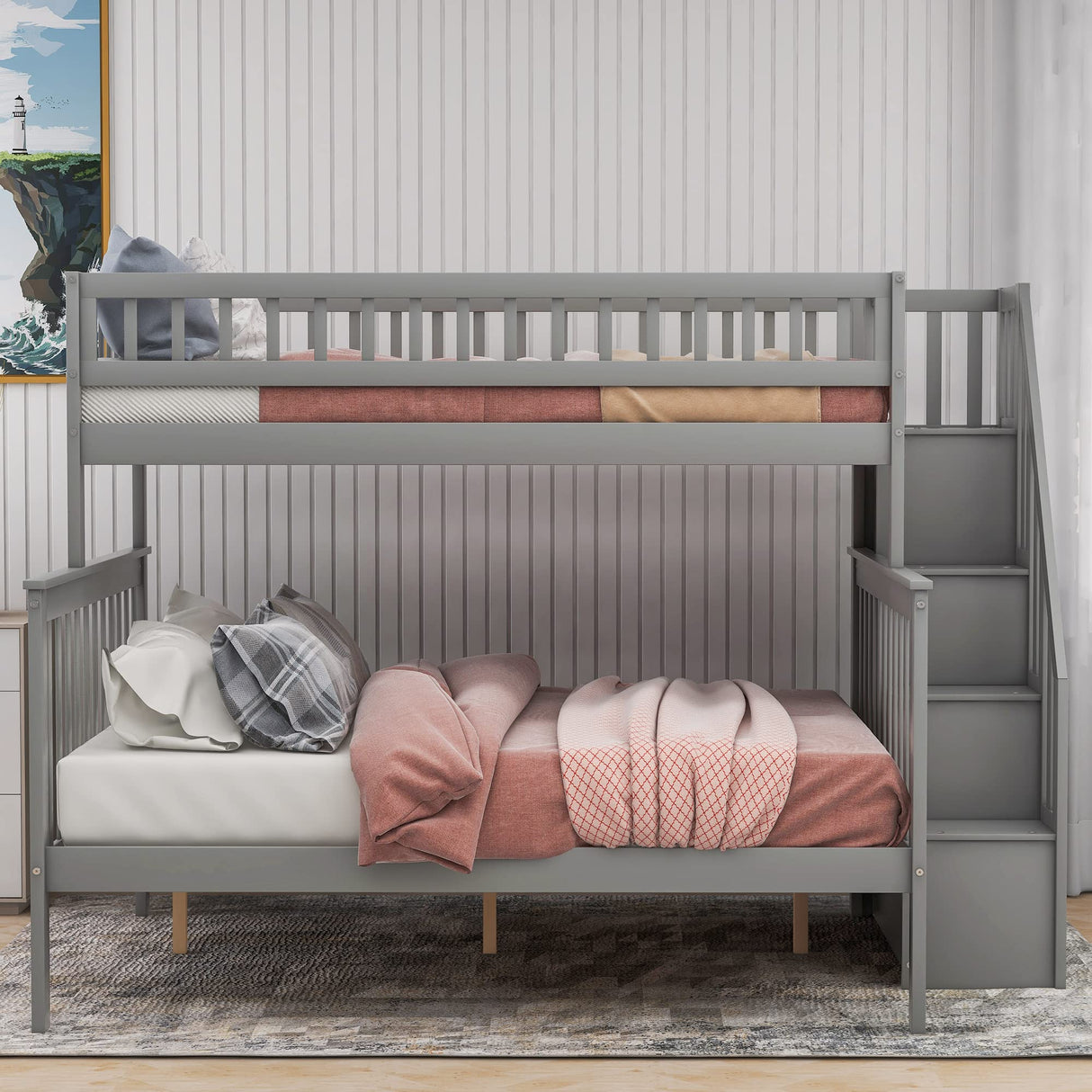 Harper & Bright Designs Twin Over Full Bunk Beds with Stairs, Wood Bunk Bed with Storage and Guard Rails,Bunk Beds Twin Over Full Size for Kids, Bedroom, Dorm, Teens, Adults, Grey Harper & Bright Designs