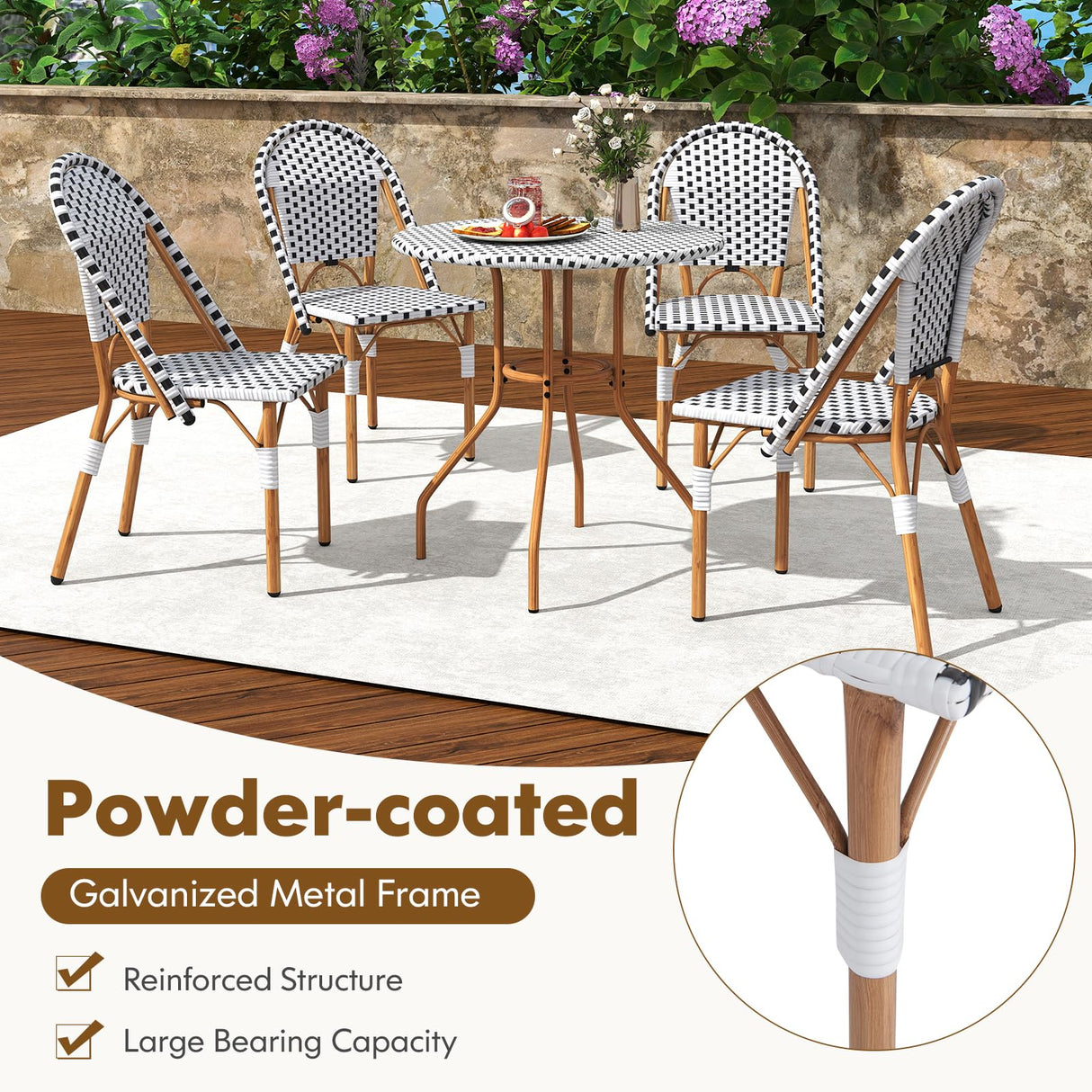 Tangkula 3 Piece French Bistro Table Chair Set, Outdoor Wicker Round Table & 2 Dining Chairs with Metal Support, Outside Accent Dining Furniture Set for Garden, Balcony, Porch Tangkula