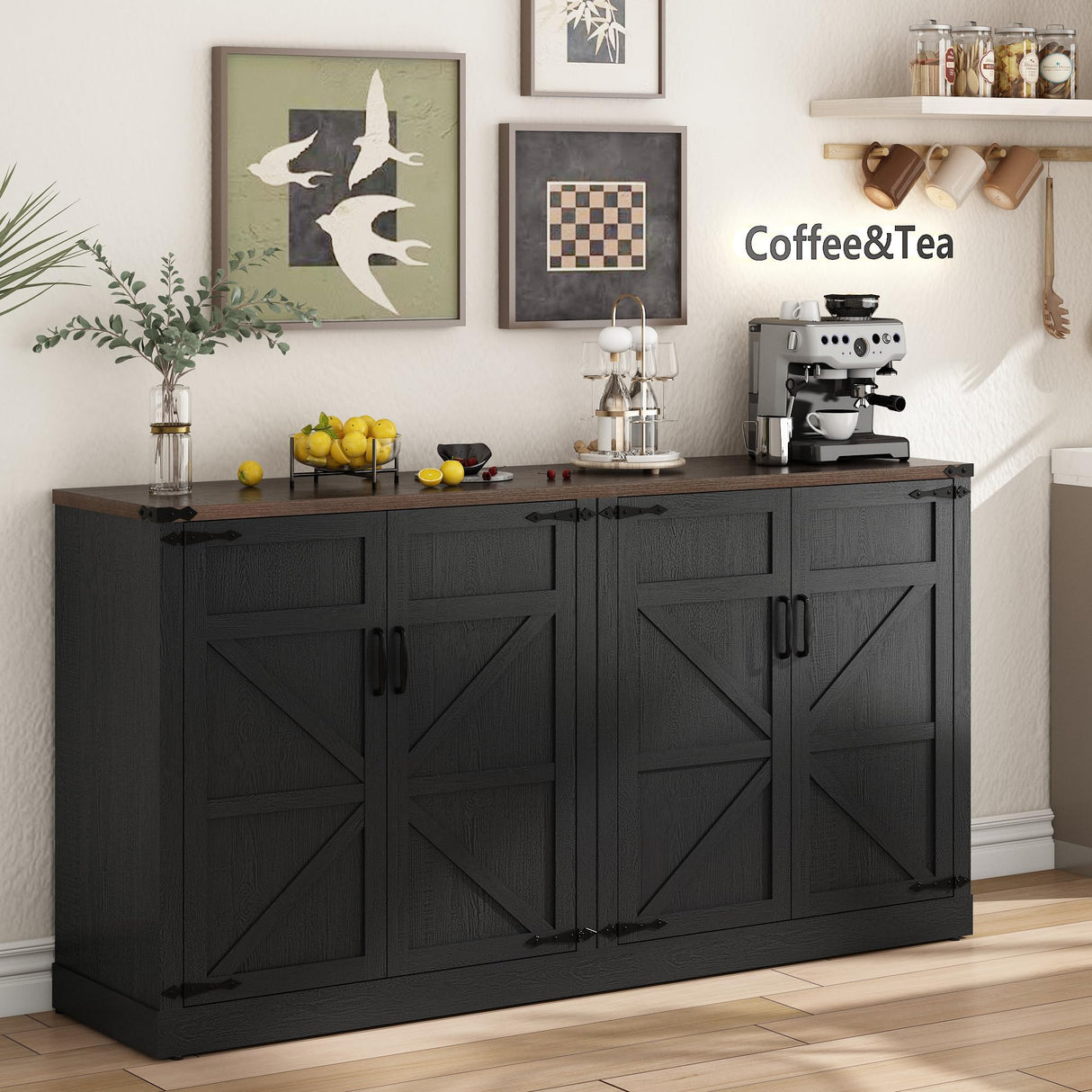 Sideboard Buffet Cabinet with Storage - 65’’ Large Farmhouse Buffet Table Coffee Bar Cabinets, Modern Accent Cabinet with Adjustable Shelf and 4 Doors, for Kitchen, Dining Room, Living Room, Black chartustriable