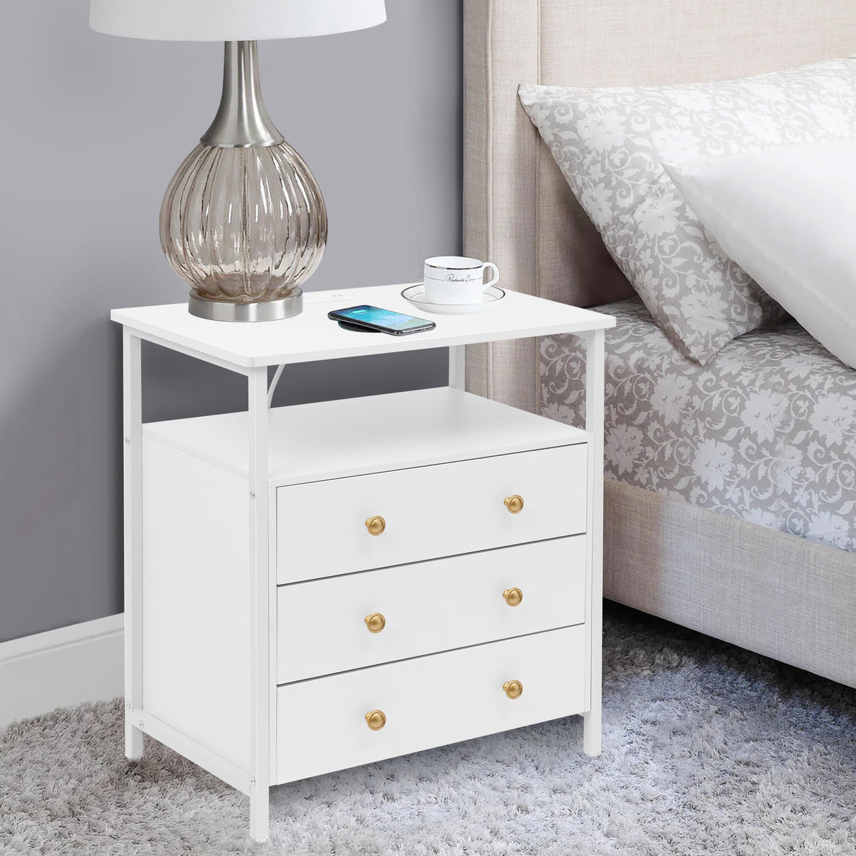 Edbuosy 3-Tier Wooden Drawer Nightstand, 27 inch Wide Night Stand Set 2 with Charging Station and Adjustable Drawers, Nightstand for Living Room/Bedroom, White. Edbuosy