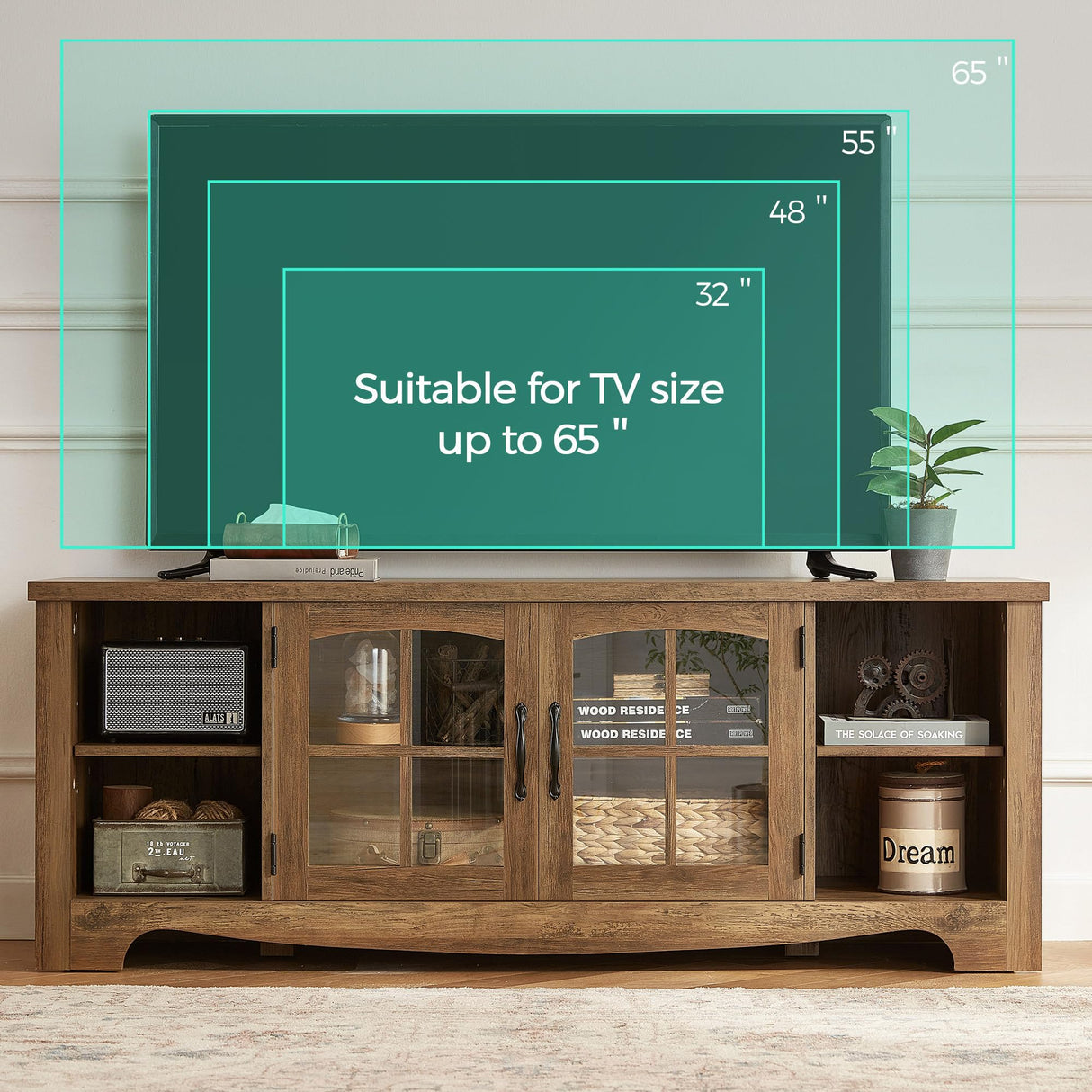 LINSY HOME Farmhouse TV Stand for 65 Inch TV, Wood Entertainment Center with Glass Door Storage Cabinet & Adjustable Shelves, Large Sturdy TV Console Table for Living Room Bedroom LINSY HOME