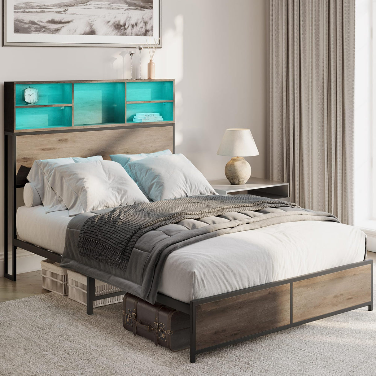 BELLEZE Riviera Full Size Bed Frame with Storage Headboard, RGB LED Light and Fast Charging Station BELLEZE