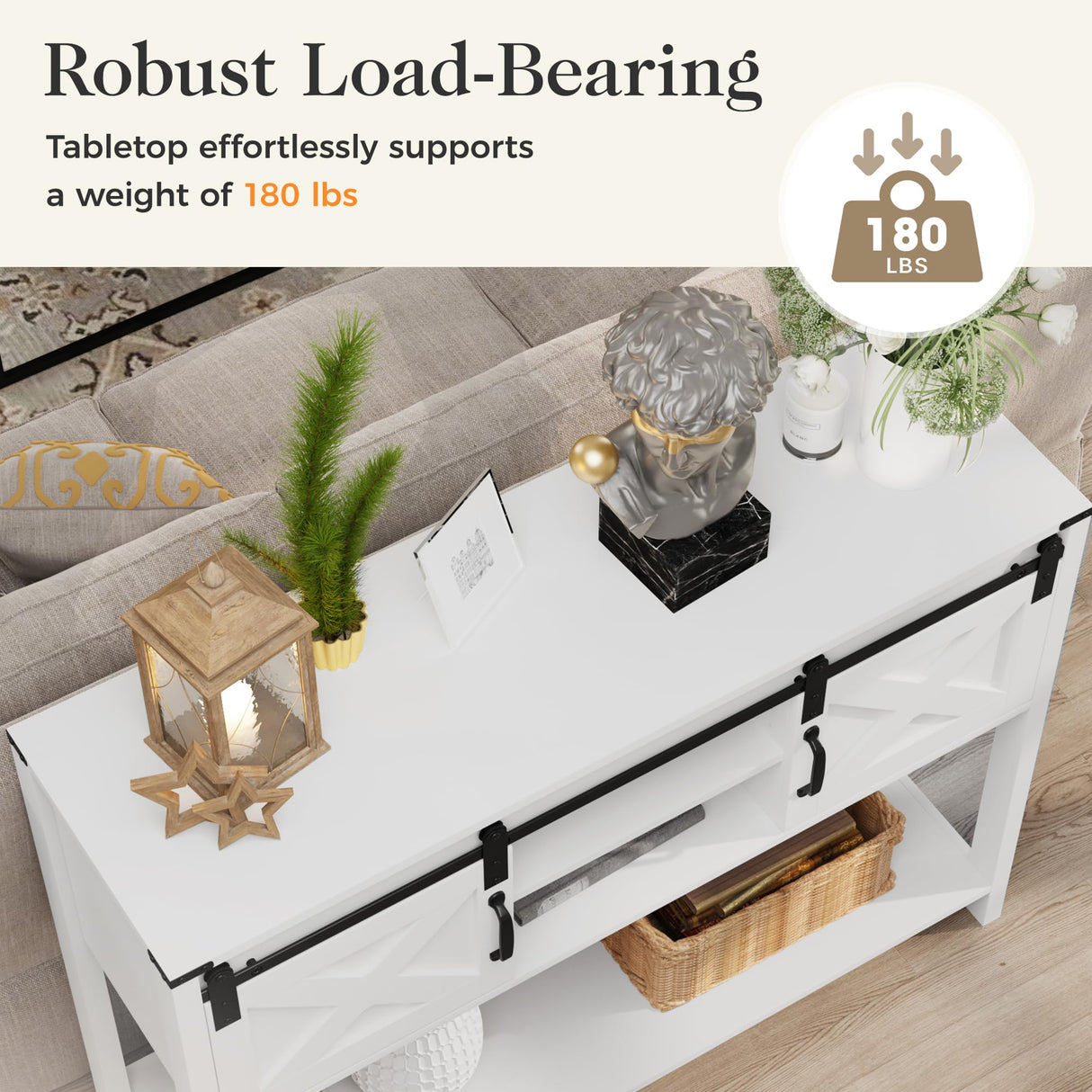 RoyalCraft Farmhouse Entryway Table with Storage and Sliding Barn Door, 32" Tall Console Table with Storage, Wood Sofa Table with Adjustable Shelf, Console Tables for Entryway, Hallway, Living Room RoyalCraft