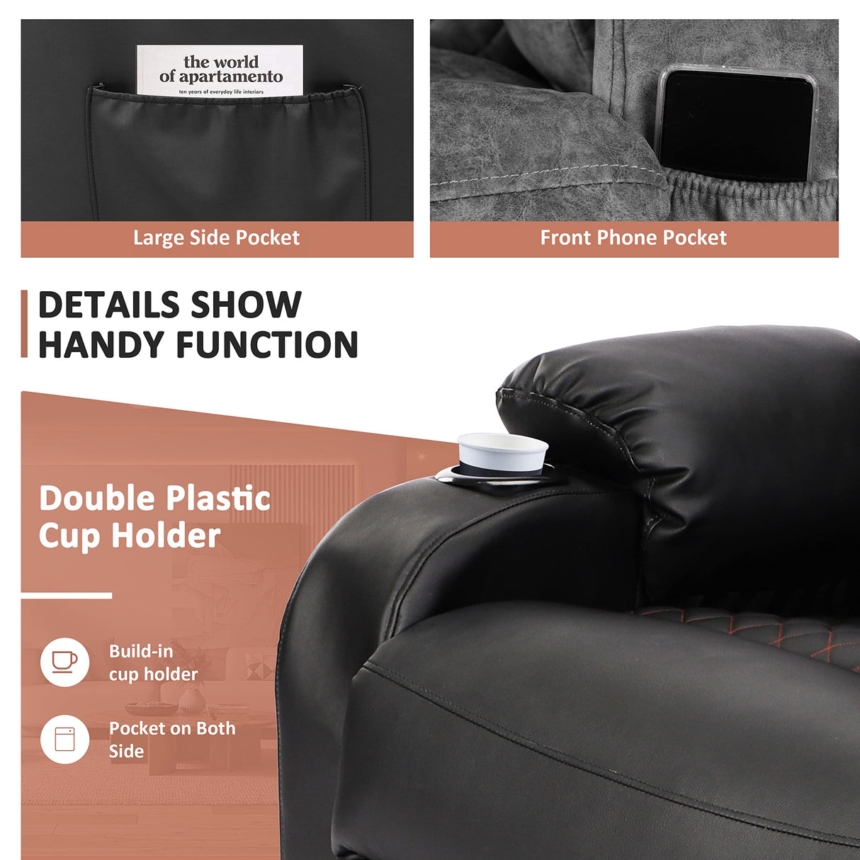 Comermax Faux Leather Black Recliner Chair with Massage and Heat Wide Seat Manual Reclining Chair with Cup Holders, Heated Massaging Recliner Chair for Adults Comermax