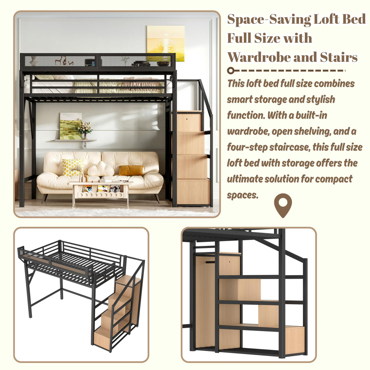 Full Loft Beds with Storage Beside Shelves and Wardrobe, Metal Loft Bed Full with LED Lights and USB Ports, Heavy-Duty Loft Bed Frame for Teens, Adults, Noise-Free & Space-Saving, Black Bellemave