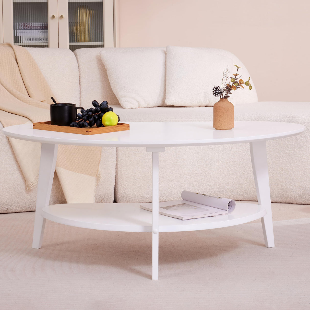 NAVREX Mid Century Modern Coffee Table with Storage Shelf, Oval Coffee Tables for Living Room 100% Solid Bamboo Wood Coffee Table Fireproof Table Circle Round Center Table (White) NAVREX