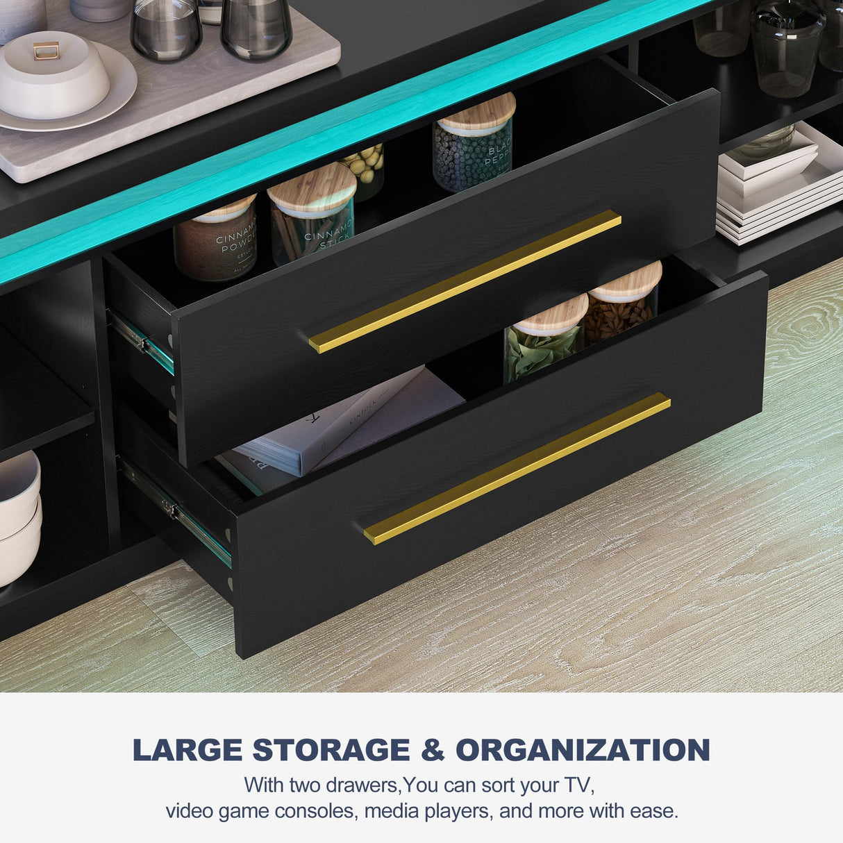 BELLEZE 67" TV Stand for TV up to 75", Modern Entertainment Center with LED Lights Change to Melody of Music, Media Console Table with Cabinets and Drawers for Living Room, Bedroom - Studio (Black) BELLEZE