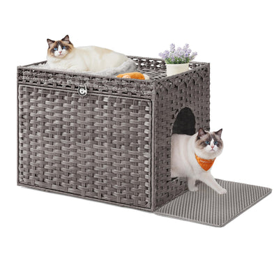 Feandrea Cat Litter Box Enclosure, Handwoven Rattan Hidden Litter Box Furniture with Extra Litter Mat, Removable Washable Tray, Boho Cat House, End Table, Dove Gray UPCL014G01