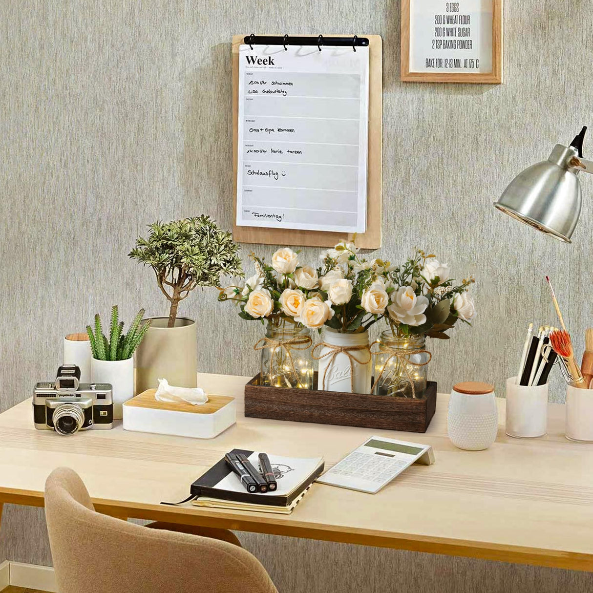 DUOER 3 Pcs Mason Jar Centerpiece Table Decorations for Dining Table Decor Farmhouse Coffee Table Decor with Wood Tray and Led Light Table Centerpieces for Dining room Kitchen Living Bathroom,White DUOER