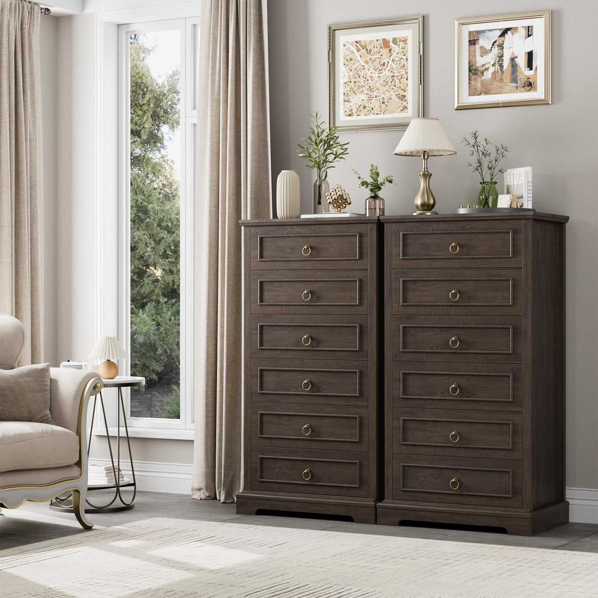 HOSTACK 6 Drawer Dresser, 52" Tall Chest of Drawers, Modern Farmhouse Storage Dressers Organizer for Living Room, Hallway, Entryway, Home Office, Dark Brown HOSTACK