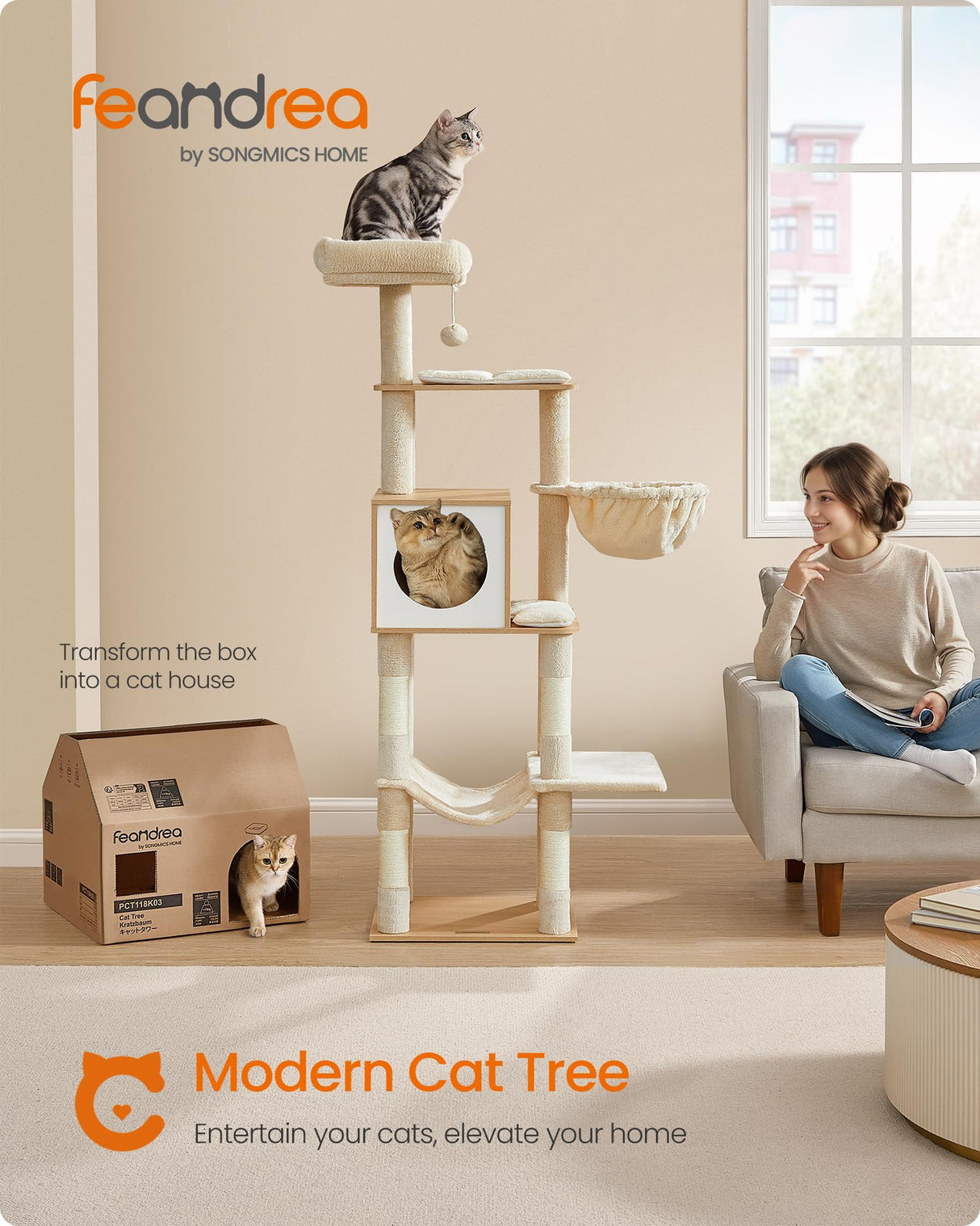 Feandrea Cat Tree, 65-Inch Tall Cat Tower, Multi-Level Cat Condo with Cave, Basket, Hammock, Pompom, Scratching Posts, Almond Yellow UPCT118Y01 Feandrea