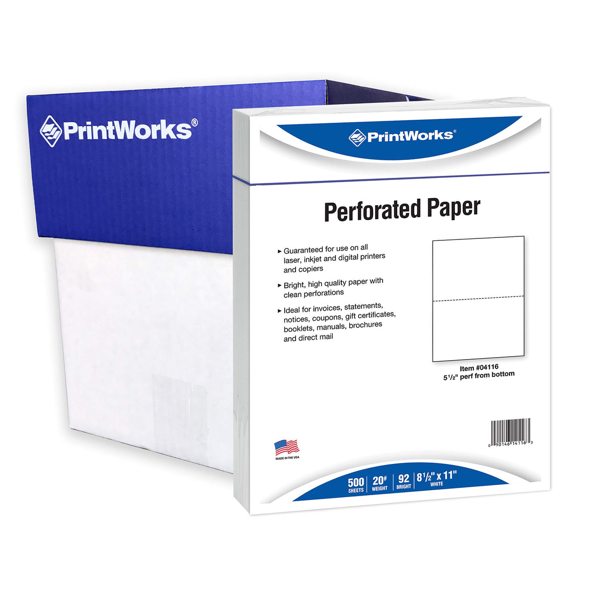 PrintWorks Half Sheet Perforated Paper, 8.5 x 11, 20 lb, 2500 Sheets, White (04116C) PrintWorks