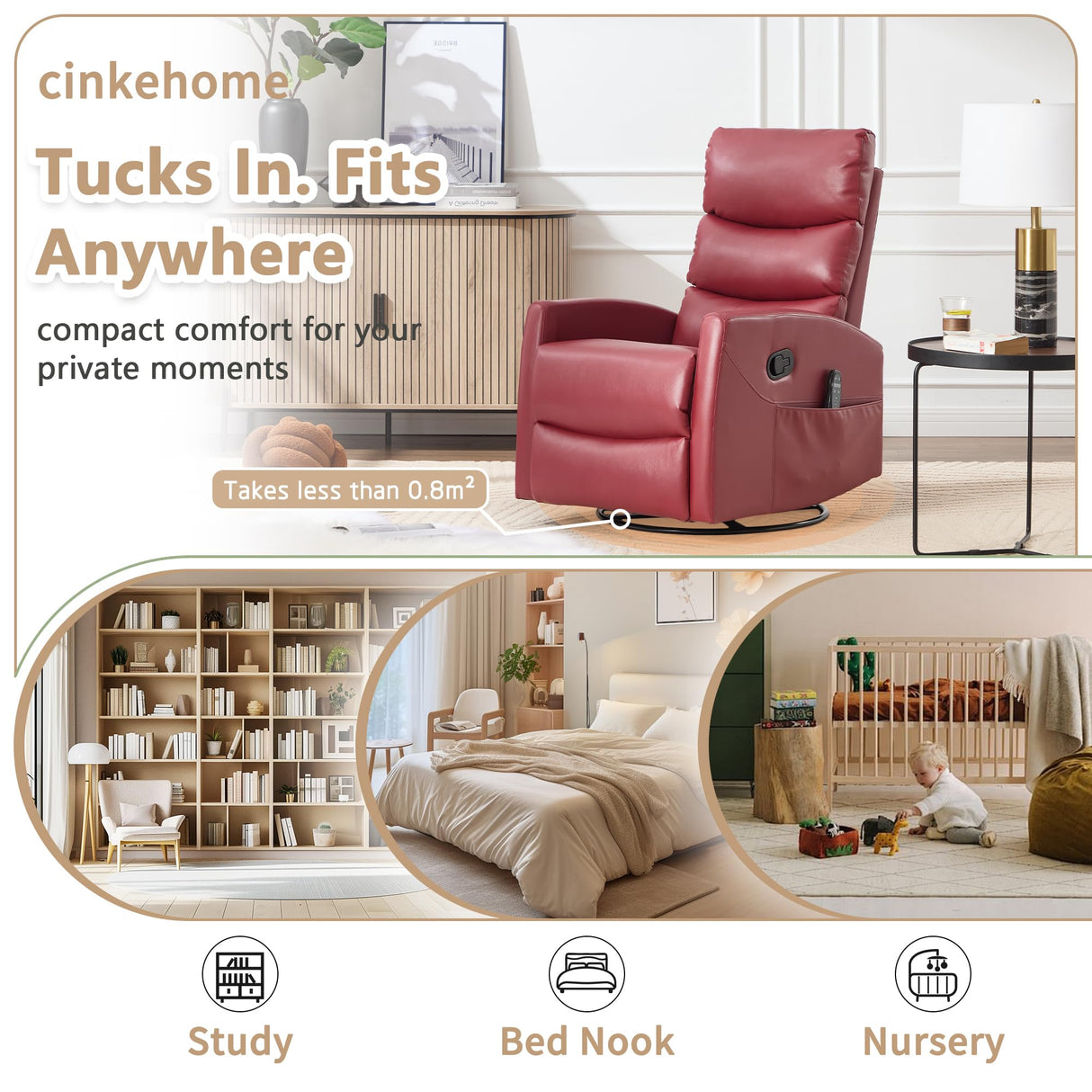 cinkehome Small Swivel Rocker Recliner Chair with Heated Massage, Upholstered Nursery Glider Recliner Chair, High Back, Side Pocket (Red PU Leather) cinkehome
