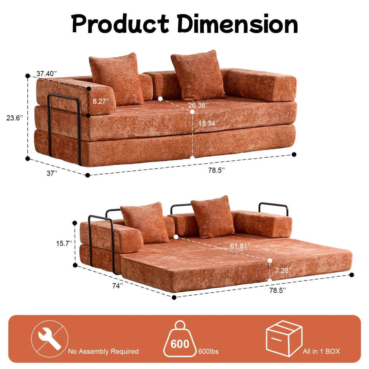 Trygoal Convertible Floor Sofa Bed, Foldable Mattress Cloud Couch with Pillow Back & Armrest, Chenille Sleeper Sofa Bed with Fixed-Shape Frame, Compressed Couch for Living Room Bedroom, Orange Trygoal