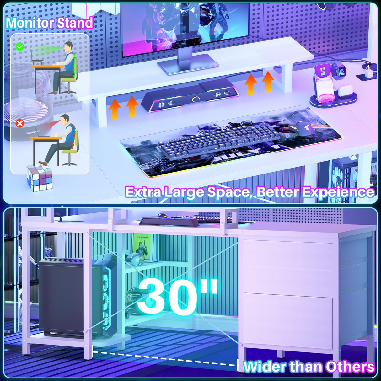 Aheaplus L Shaped Gaming Desk with Hutch and LED Lights, Reversible Design, Power Outlet, and Ample Storage in White Aheaplus