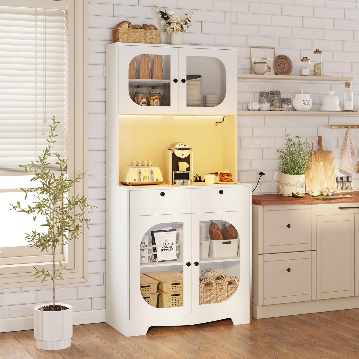 71" Kitchen Pantry Storage Cabinet with Lights and Charging Station, Tall Hutch Cabinet with Storage and Microwave Shelf for Dining Room spanspace