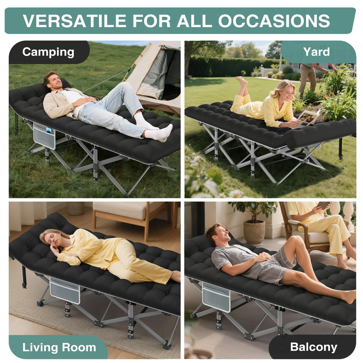 ZENPETIO Camping Cot for Adults, Heavy-Duty Portable Cot Bed with Mattress, Foldable Padded Sleeping Cots for Camping Travel Tent Day Bed Outdoor & Home Guest, Max Load 500 LBS, 75x28x15” ZENPETIO