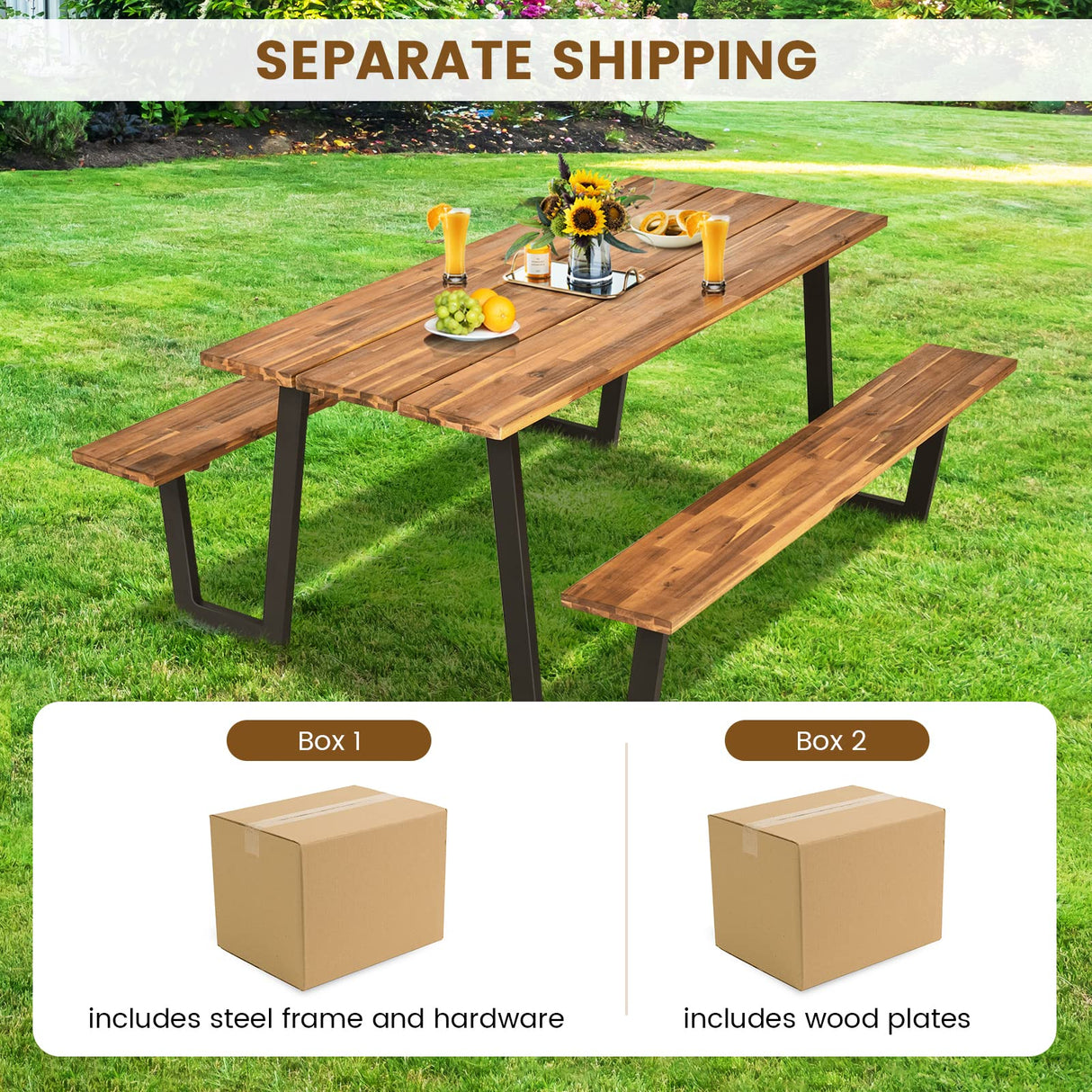 Tangkula Wooden Picnic Table, Outdoor Acacia Wood Picnic Table with 2 Built-in Benches, Umbrella Hole, Steel Frame, Outside Table and Bench Set for Garden, Backyard, Porch, Patio Tangkula